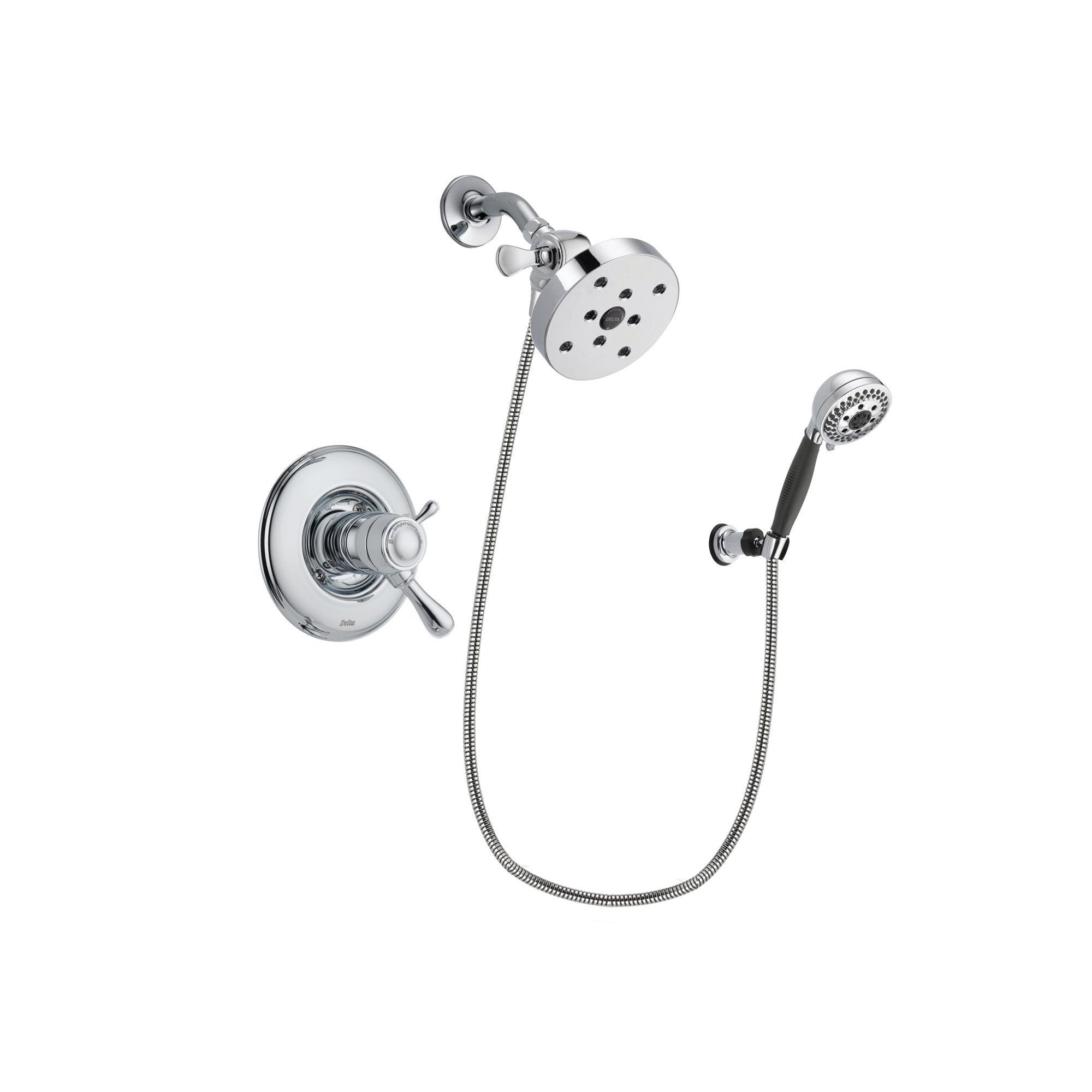 Delta Leland Chrome Finish Thermostatic Shower Faucet System Package with 5-1/2 inch Shower Head and 5-Spray Modern Handheld Shower with Wall Bracket and Hose Includes Rough-in Valve DSP1212V