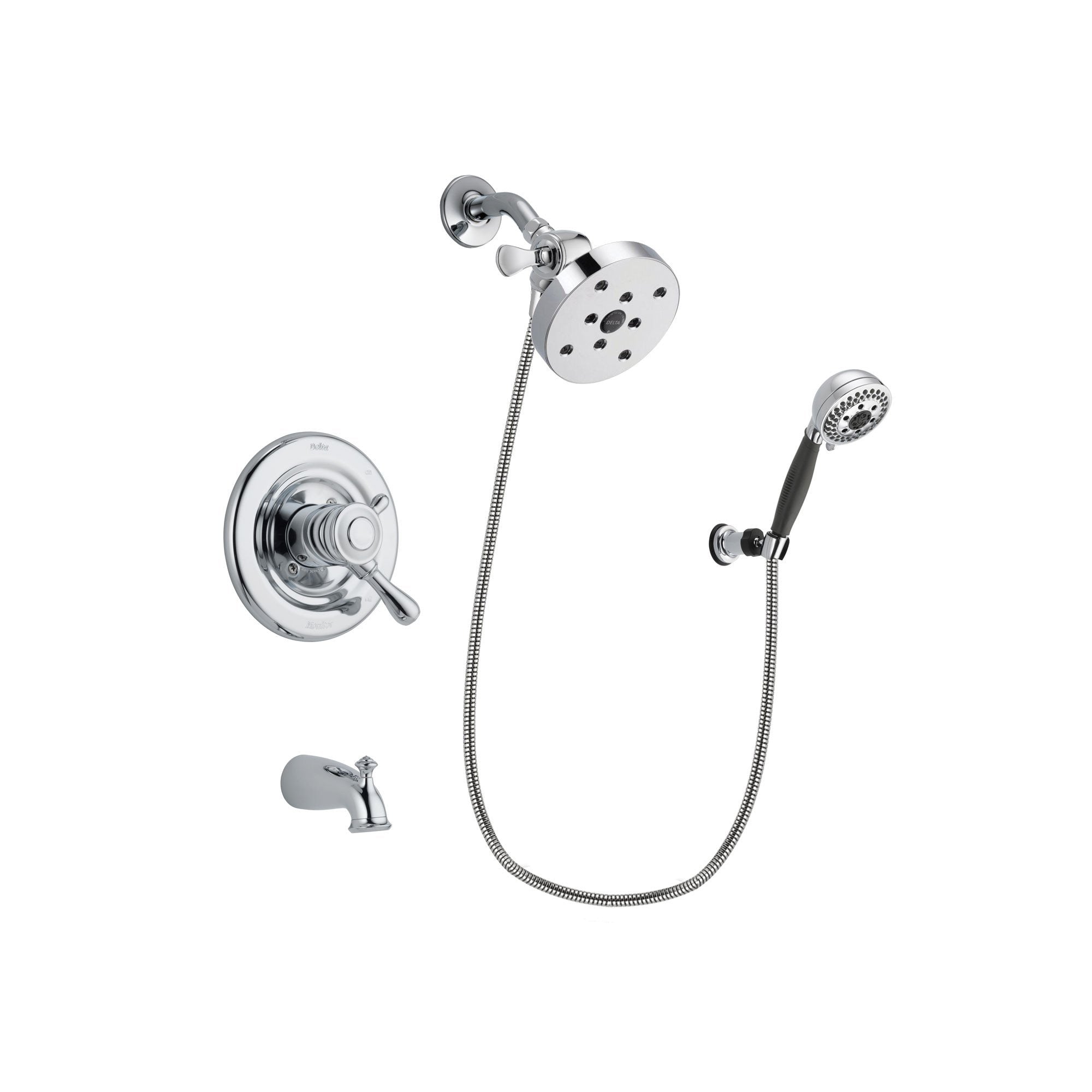 Delta Leland Chrome Finish Dual Control Tub and Shower Faucet System Package with 5-1/2 inch Shower Head and 5-Spray Modern Handheld Shower with Wall Bracket and Hose Includes Rough-in Valve and Tub Spout DSP1233V