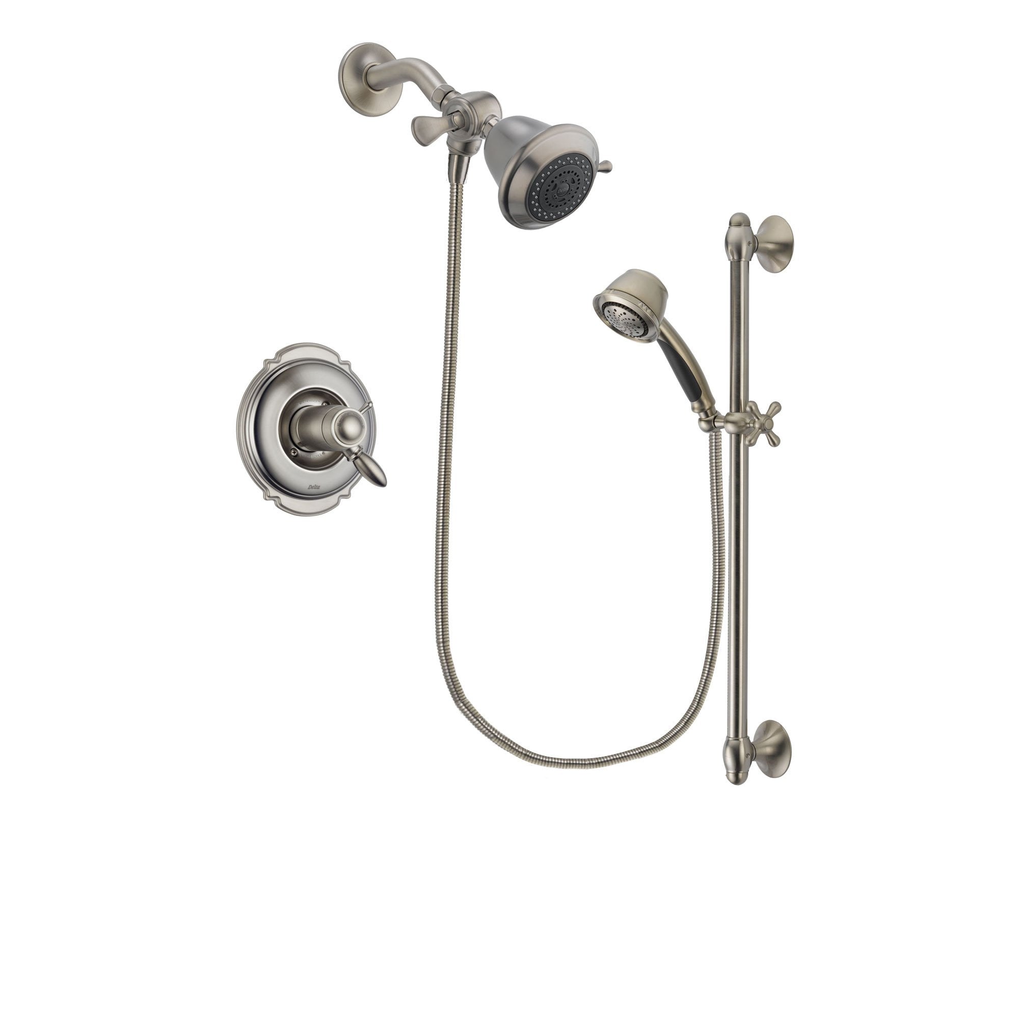 Delta Victorian Stainless Steel Finish Thermostatic Shower Faucet System Package with Shower Head and 5-Spray Personal Handshower with Slide Bar Includes Rough-in Valve DSP1244V