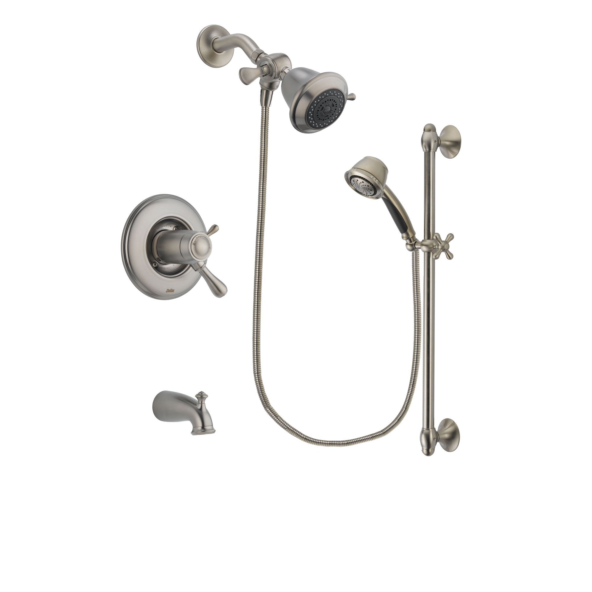 Delta Leland Stainless Steel Finish Thermostatic Tub and Shower Faucet System Package with Shower Head and 5-Spray Personal Handshower with Slide Bar Includes Rough-in Valve and Tub Spout DSP1245V