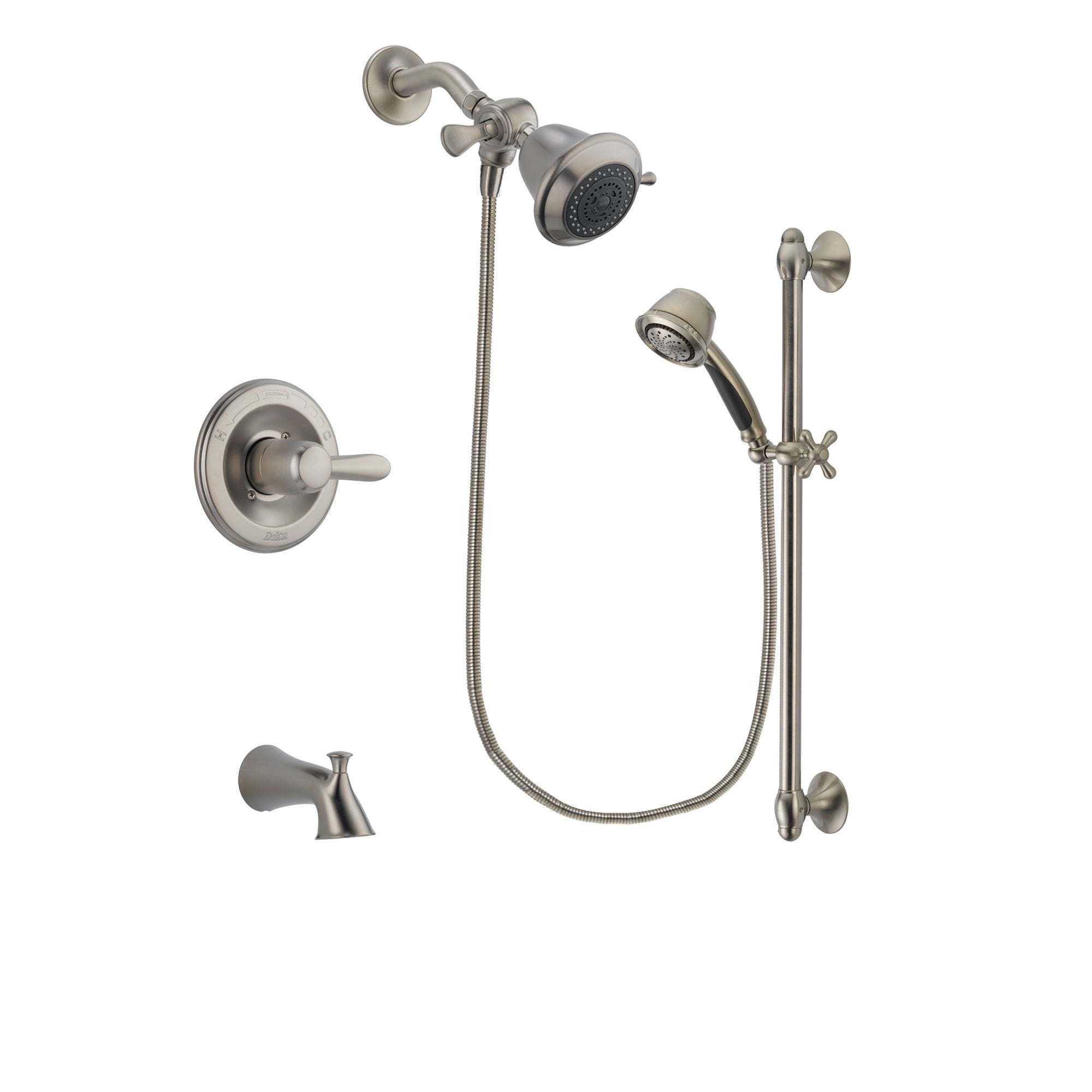Delta Lahara Stainless Steel Finish Tub and Shower Faucet System Package with Shower Head and 5-Spray Personal Handshower with Slide Bar Includes Rough-in Valve and Tub Spout DSP1251V