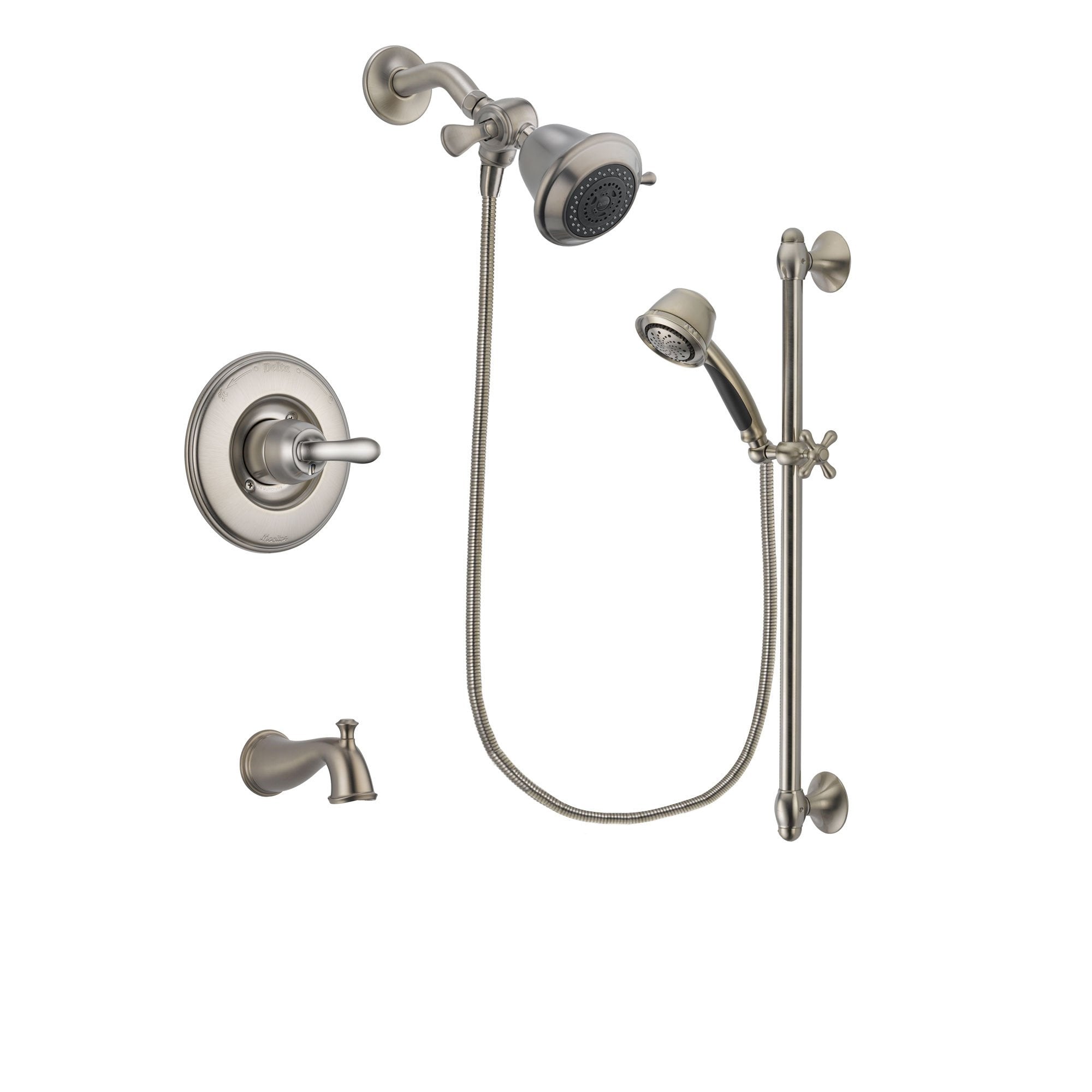 Delta Linden Stainless Steel Finish Tub and Shower Faucet System Package with Shower Head and 5-Spray Personal Handshower with Slide Bar Includes Rough-in Valve and Tub Spout DSP1259V
