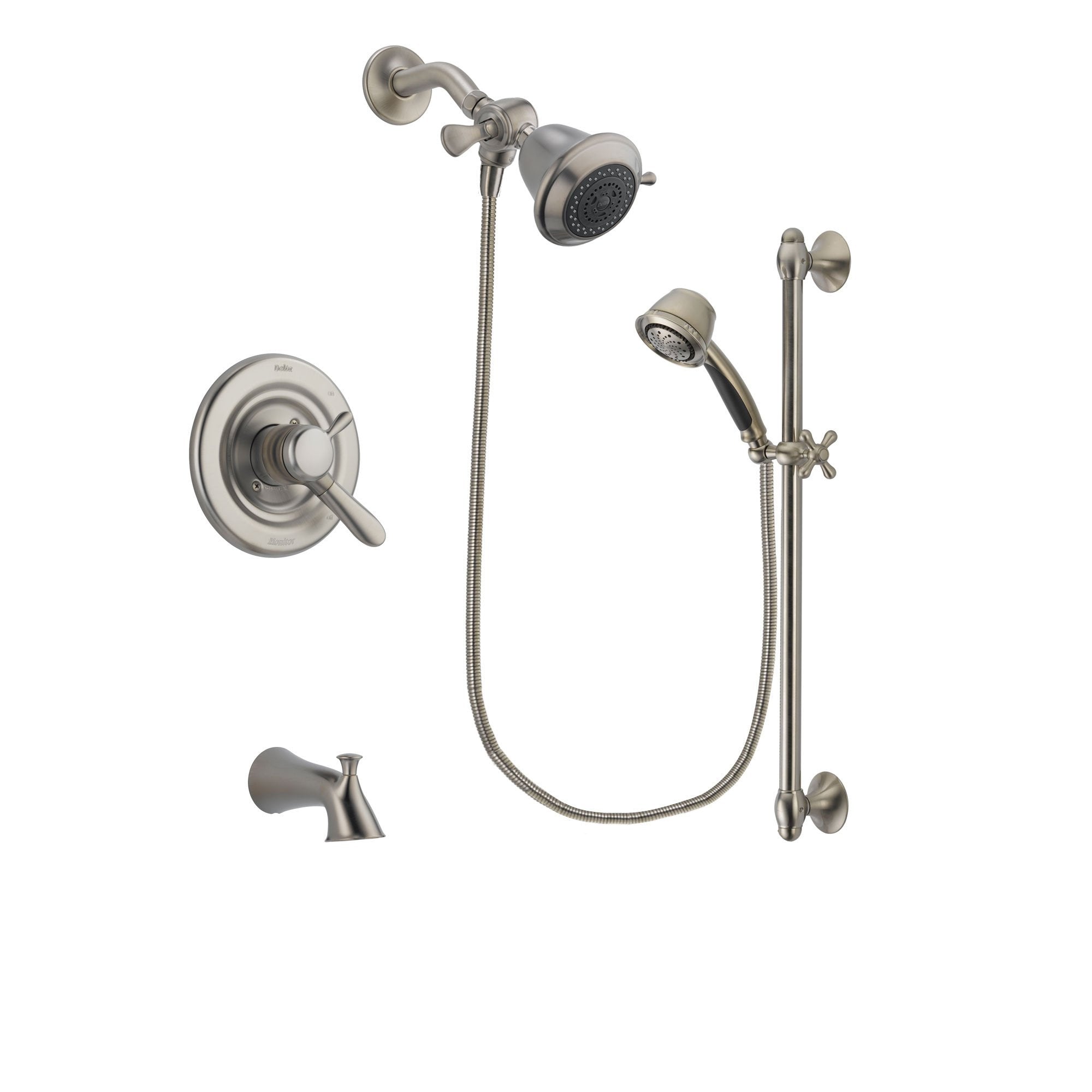 Delta Lahara Stainless Steel Finish Dual Control Tub and Shower Faucet System Package with Shower Head and 5-Spray Personal Handshower with Slide Bar Includes Rough-in Valve and Tub Spout DSP1261V