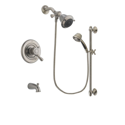 Delta Leland Stainless Steel Finish Dual Control Tub and Shower Faucet System Package with Shower Head and 5-Spray Personal Handshower with Slide Bar Includes Rough-in Valve and Tub Spout DSP1267V