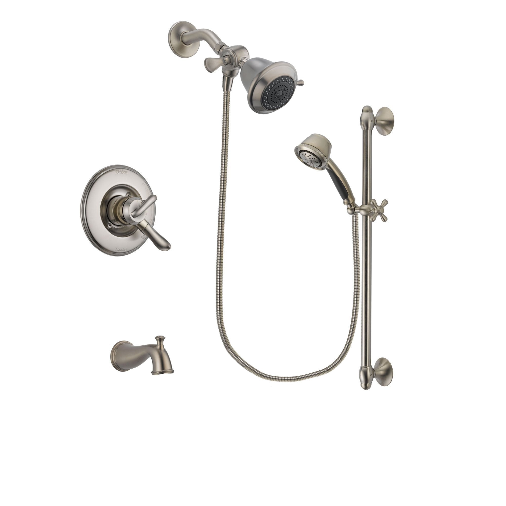 Delta Linden Stainless Steel Finish Dual Control Tub and Shower Faucet System Package with Shower Head and 5-Spray Personal Handshower with Slide Bar Includes Rough-in Valve and Tub Spout DSP1271V