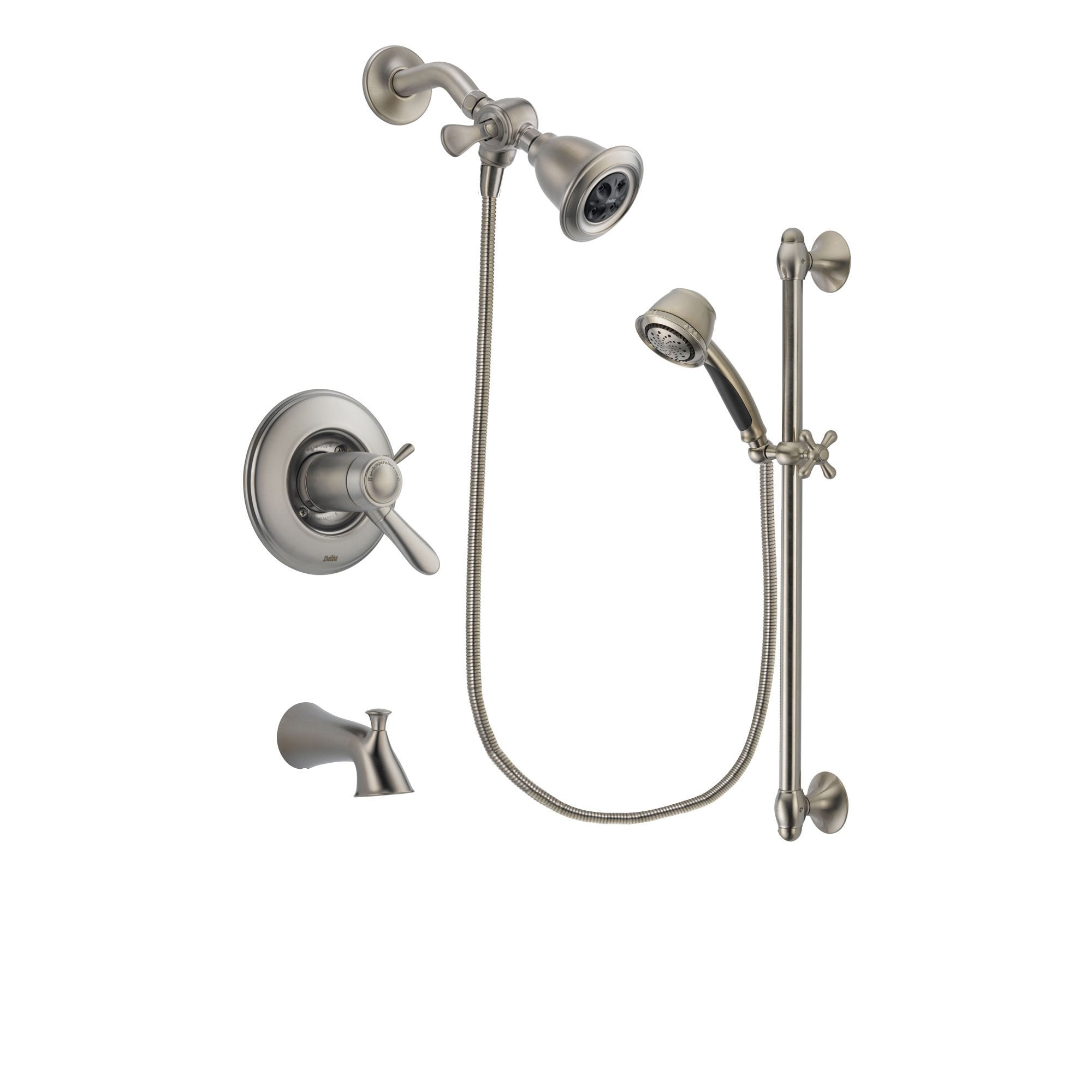 Delta Lahara Stainless Steel Finish Thermostatic Tub and Shower Faucet System Package with Water Efficient Showerhead and 5-Spray Personal Handshower with Slide Bar Includes Rough-in Valve and Tub Spout DSP1275V