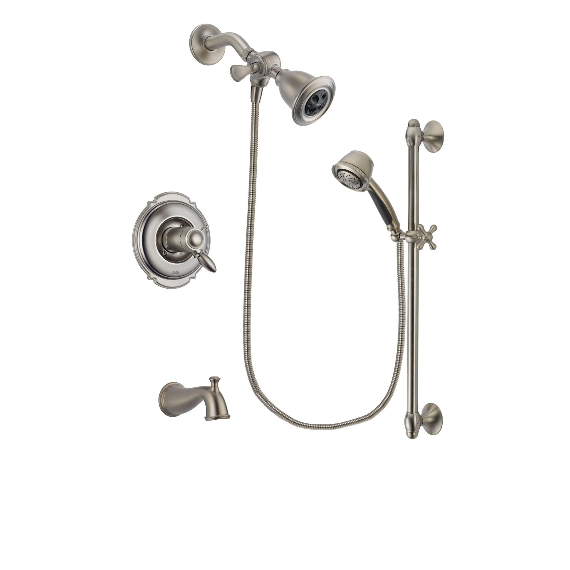 Delta Victorian Stainless Steel Finish Thermostatic Tub and Shower Faucet System Package with Water Efficient Showerhead and 5-Spray Personal Handshower with Slide Bar Includes Rough-in Valve and Tub Spout DSP1277V