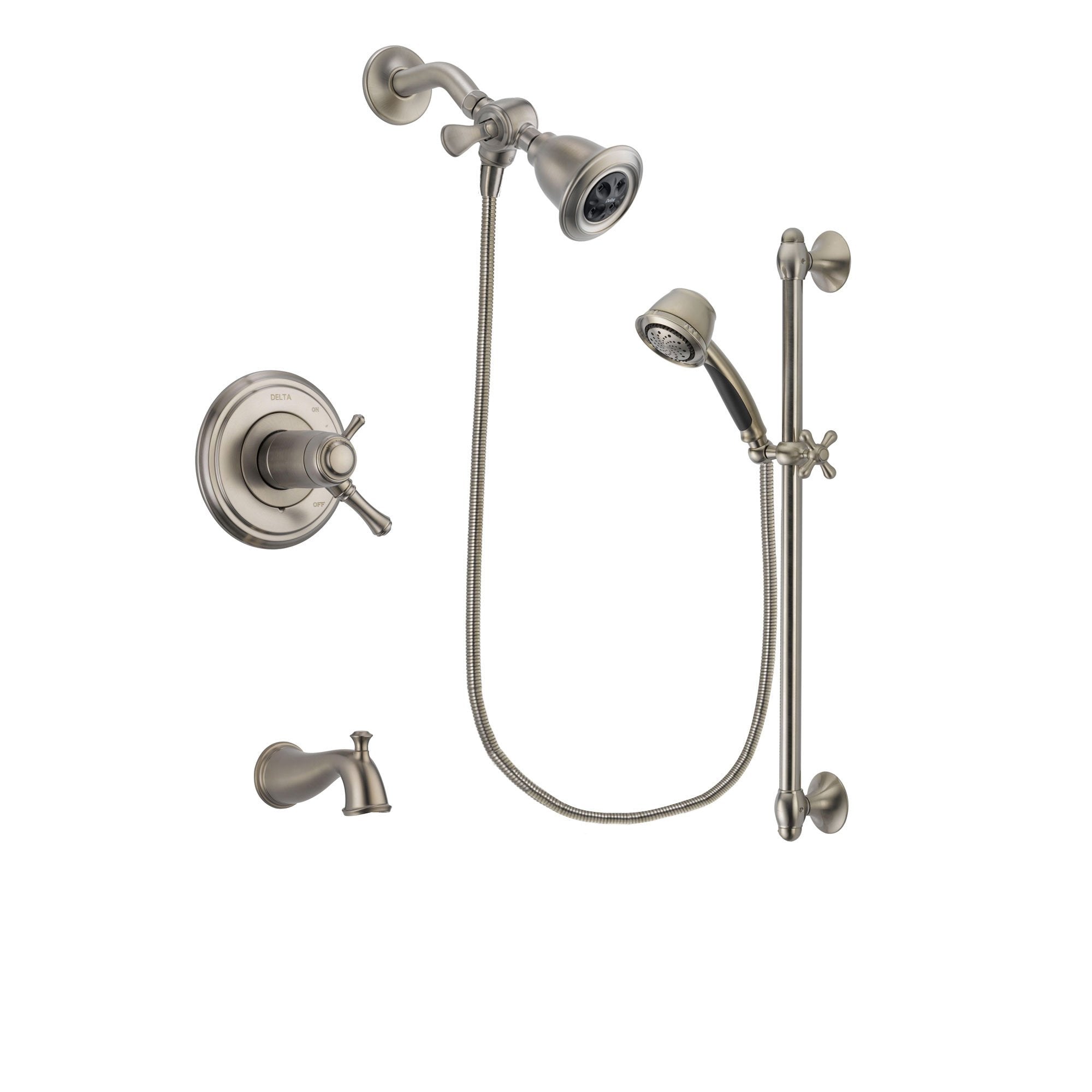 Delta Cassidy Stainless Steel Finish Thermostatic Tub and Shower Faucet System Package with Water Efficient Showerhead and 5-Spray Personal Handshower with Slide Bar Includes Rough-in Valve and Tub Spout DSP1283V