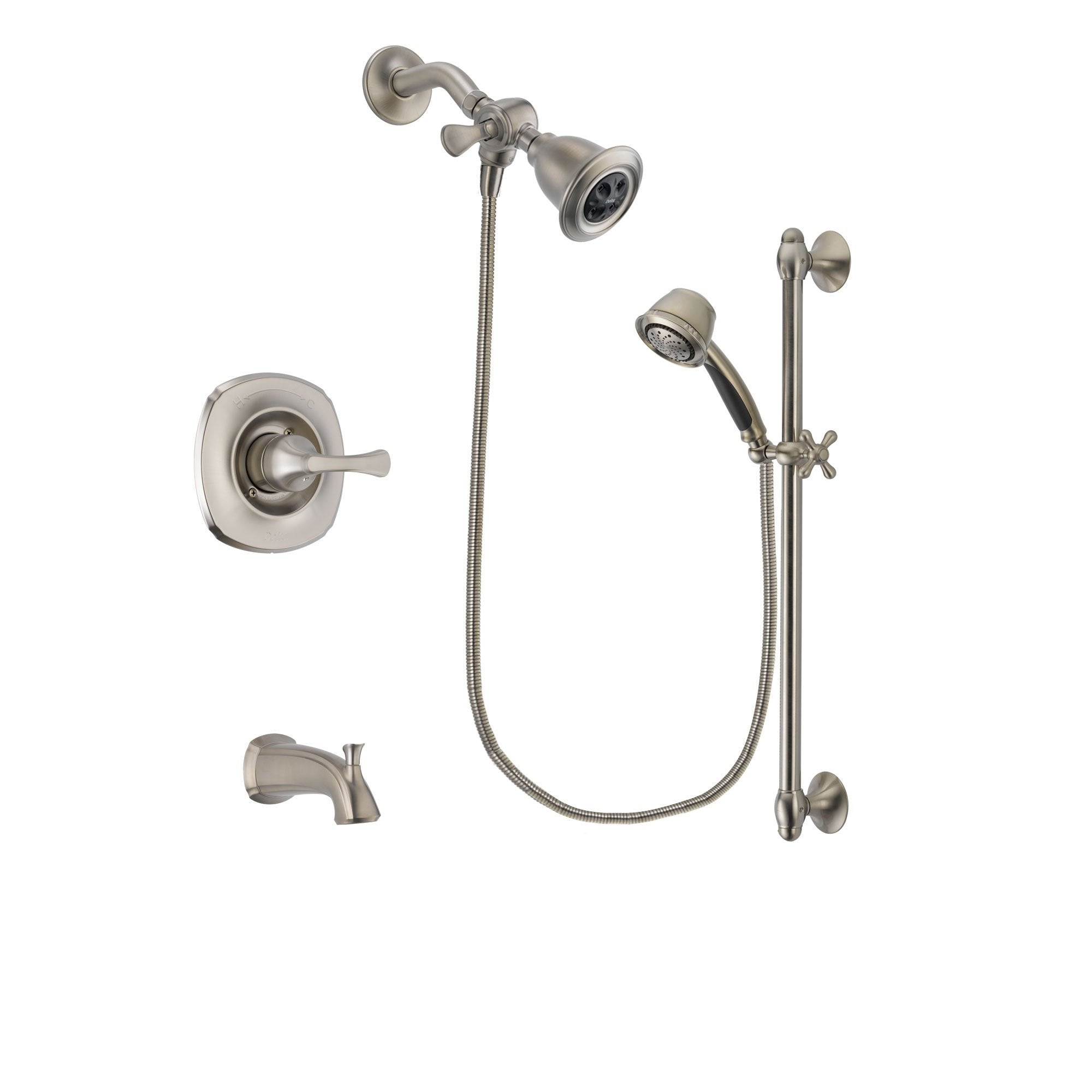 Delta Addison Stainless Steel Finish Tub and Shower Faucet System Package with Water Efficient Showerhead and 5-Spray Personal Handshower with Slide Bar Includes Rough-in Valve and Tub Spout DSP1291V