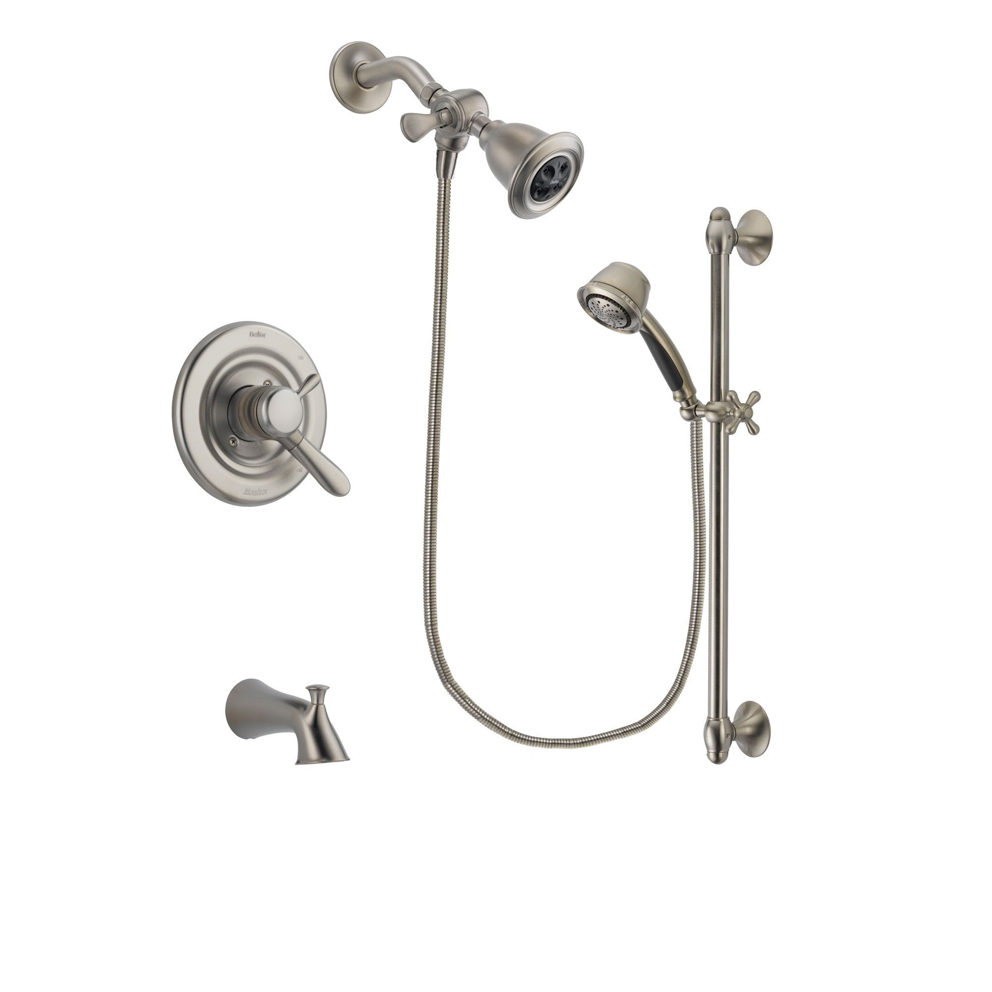 Delta Lahara Stainless Steel Finish Dual Control Tub and Shower Faucet System Package with Water Efficient Showerhead and 5-Spray Personal Handshower with Slide Bar Includes Rough-in Valve and Tub Spout DSP1295V