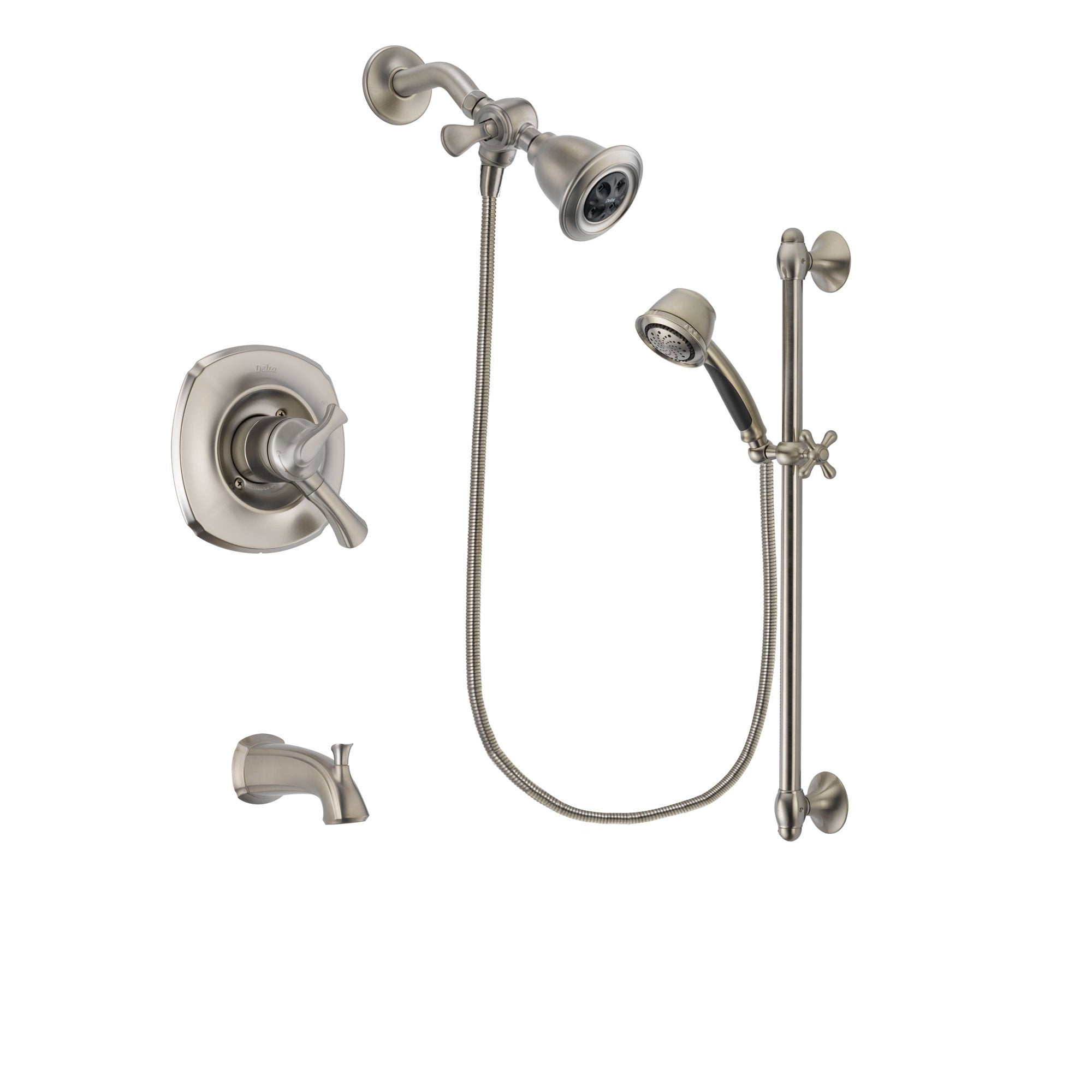 Delta Addison Stainless Steel Finish Dual Control Tub and Shower Faucet System Package with Water Efficient Showerhead and 5-Spray Personal Handshower with Slide Bar Includes Rough-in Valve and Tub Spout DSP1303V