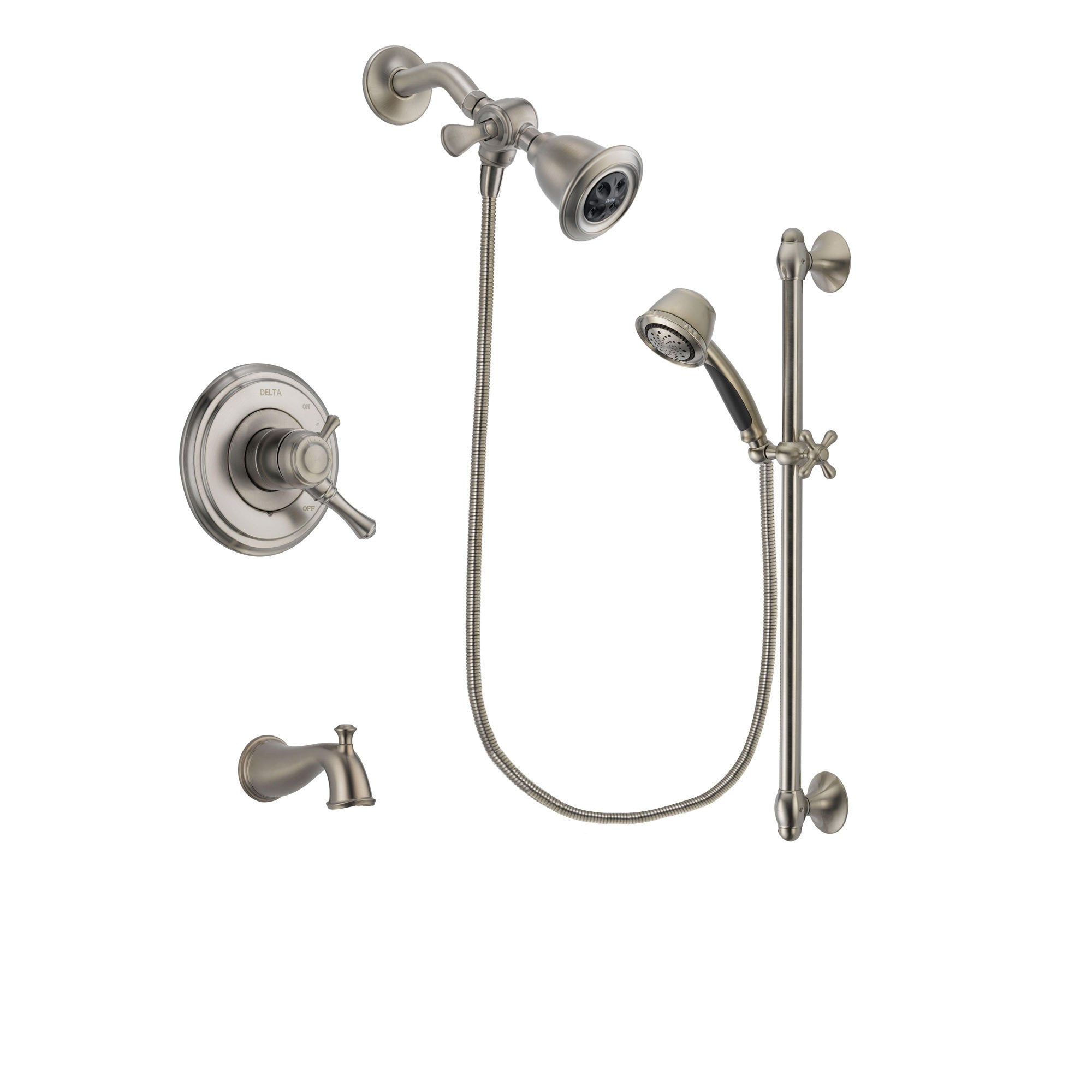 Delta Cassidy Stainless Steel Finish Dual Control Tub and Shower Faucet System Package with Water Efficient Showerhead and 5-Spray Personal Handshower with Slide Bar Includes Rough-in Valve and Tub Spout DSP1307V