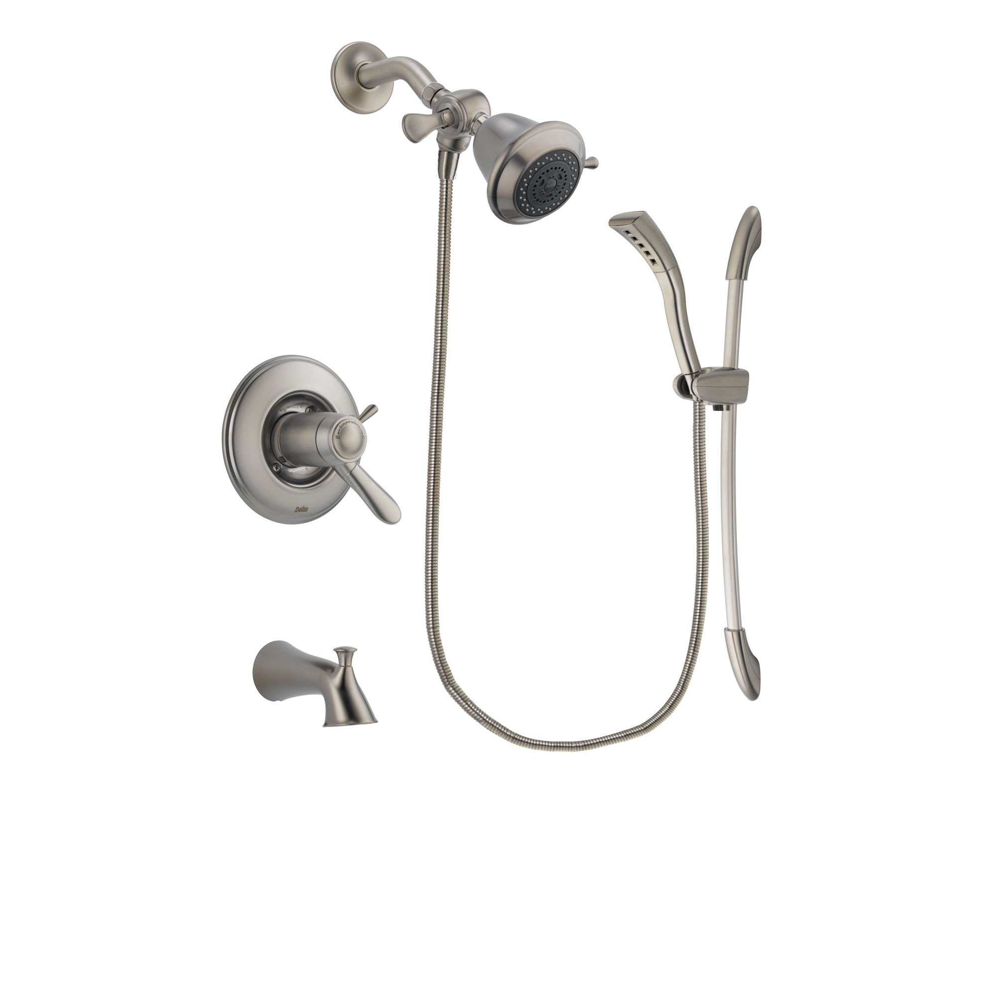 Delta Lahara Stainless Steel Finish Thermostatic Tub and Shower Faucet System Package with Shower Head and Handshower with Slide Bar Includes Rough-in Valve and Tub Spout DSP1377V