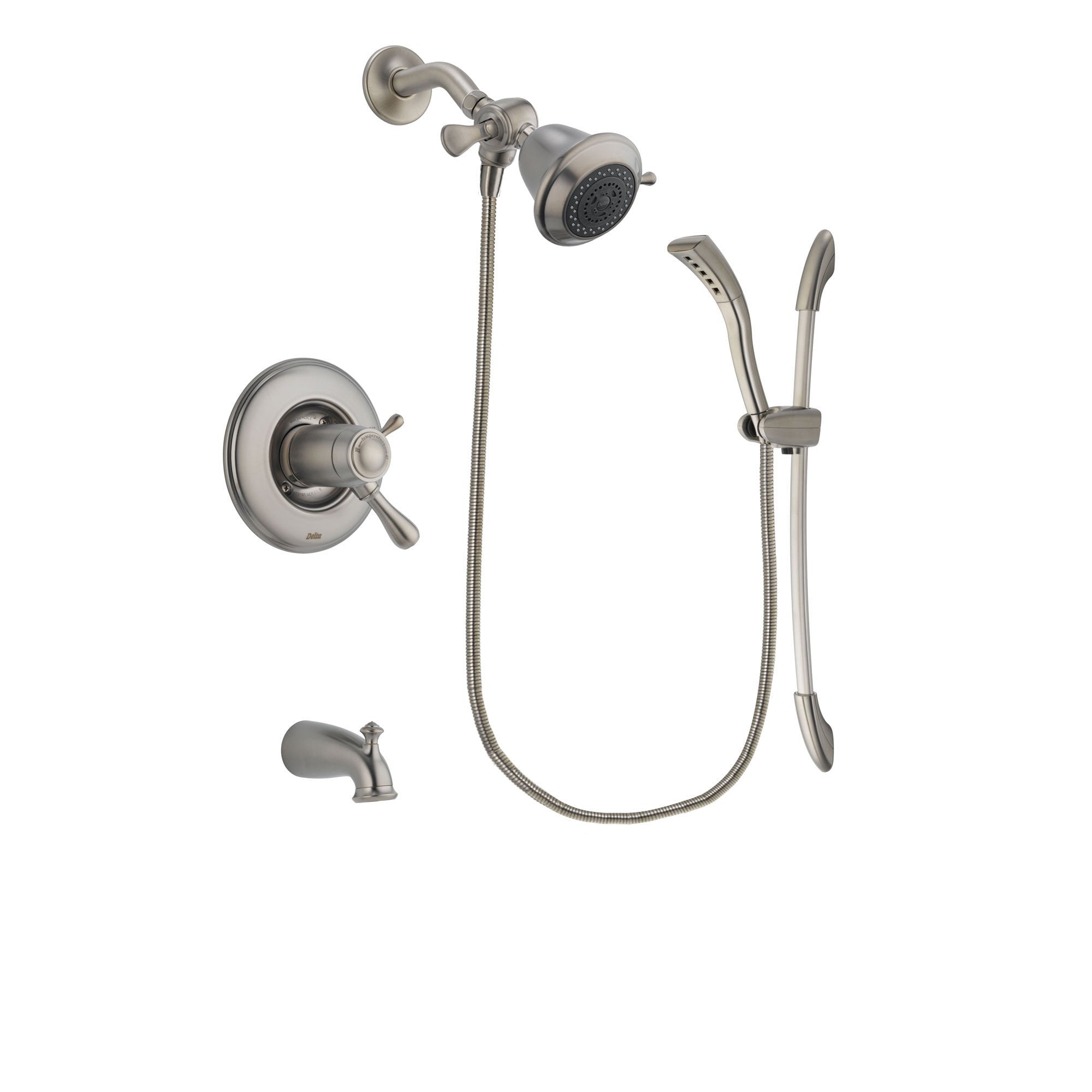 Delta Leland Stainless Steel Finish Thermostatic Tub and Shower Faucet System Package with Shower Head and Handshower with Slide Bar Includes Rough-in Valve and Tub Spout DSP1381V