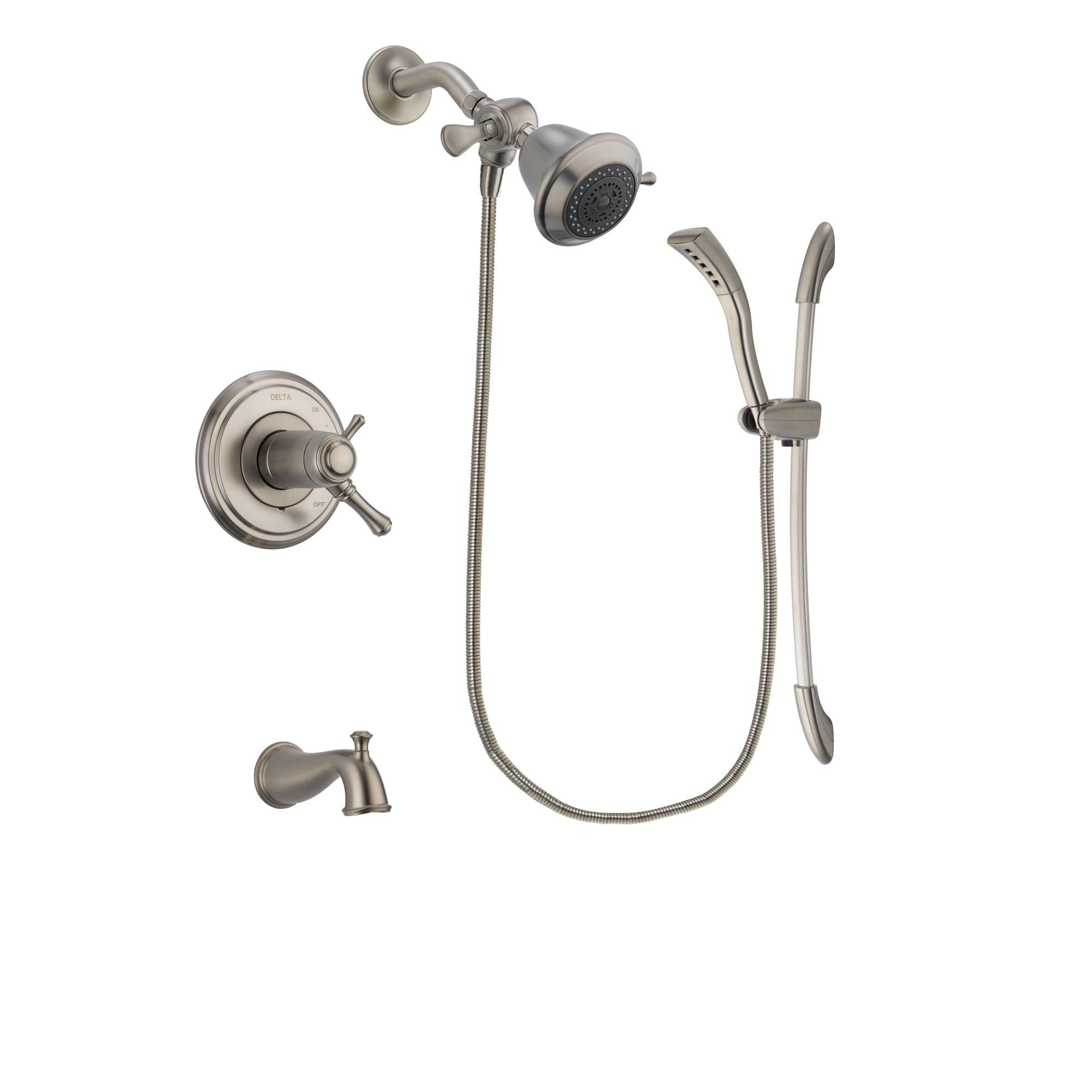 Delta Cassidy Stainless Steel Finish Thermostatic Tub and Shower Faucet System Package with Shower Head and Handshower with Slide Bar Includes Rough-in Valve and Tub Spout DSP1385V