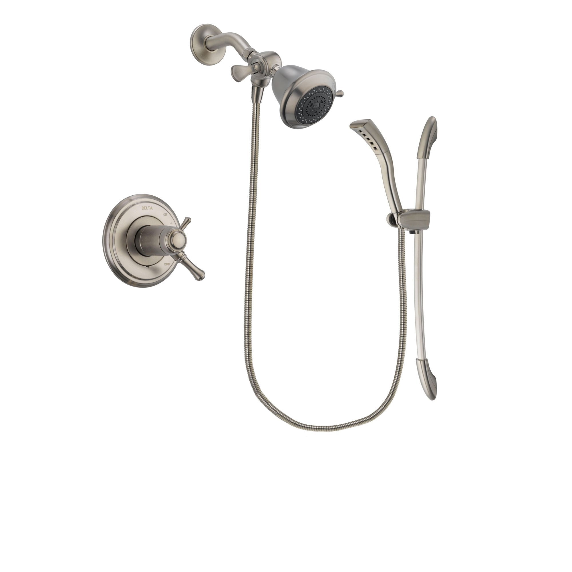 Delta Cassidy Stainless Steel Finish Thermostatic Shower Faucet System Package with Shower Head and Handshower with Slide Bar Includes Rough-in Valve DSP1386V