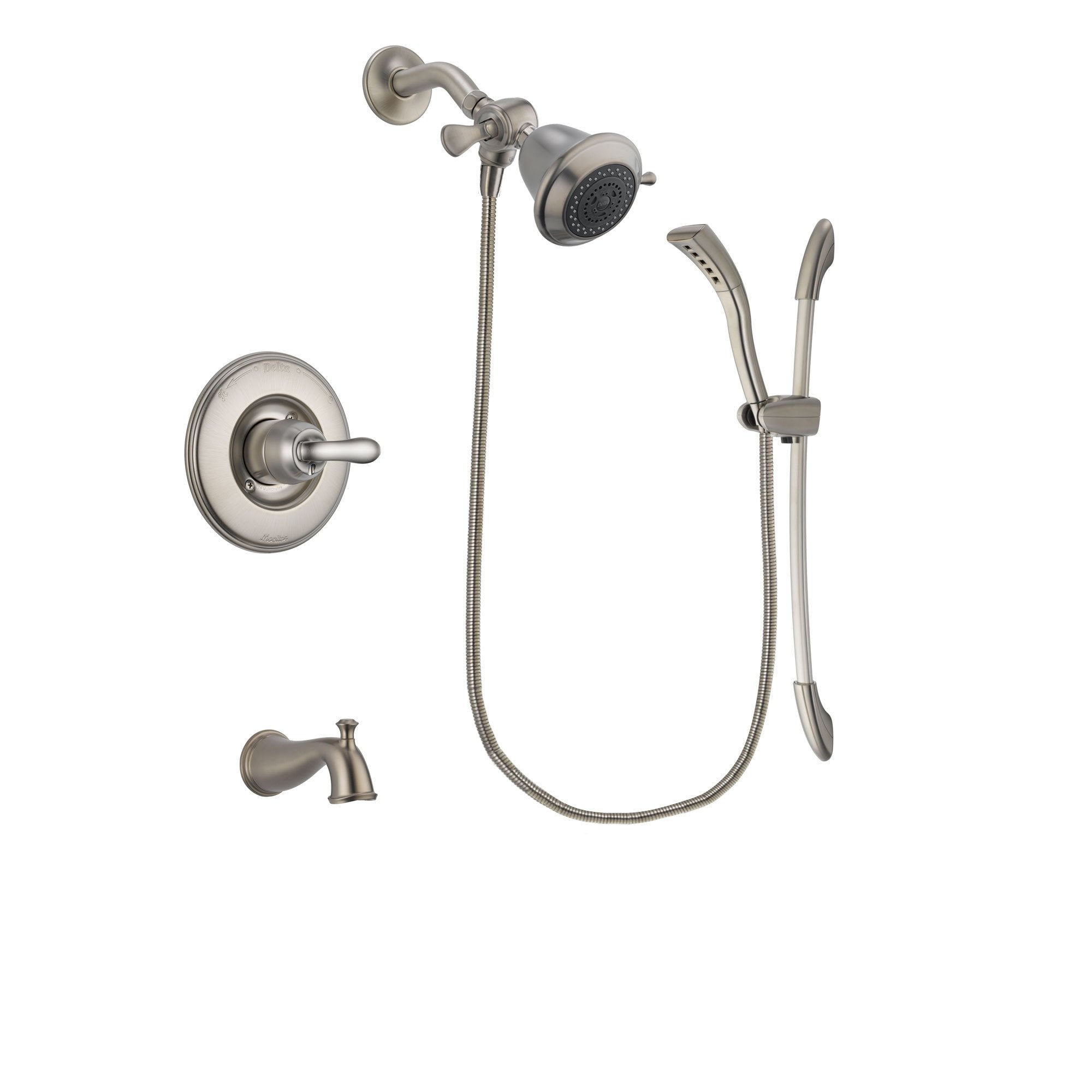Delta Linden Stainless Steel Finish Tub and Shower Faucet System Package with Shower Head and Handshower with Slide Bar Includes Rough-in Valve and Tub Spout DSP1395V