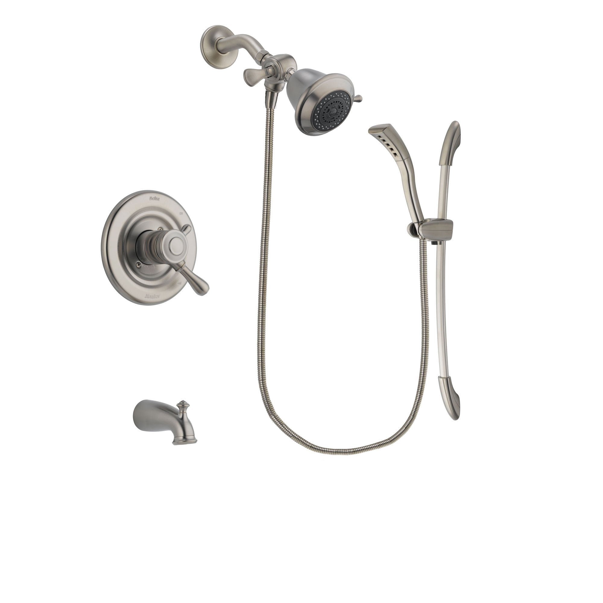 Delta Leland Stainless Steel Finish Dual Control Tub and Shower Faucet System Package with Shower Head and Handshower with Slide Bar Includes Rough-in Valve and Tub Spout DSP1403V