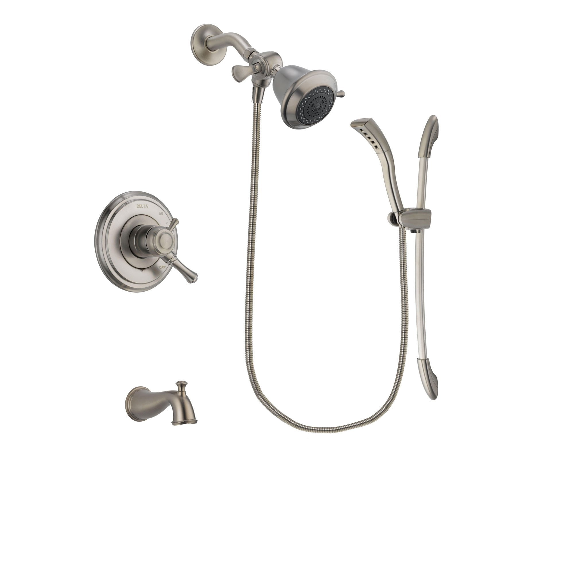Delta Cassidy Stainless Steel Finish Dual Control Tub and Shower Faucet System Package with Shower Head and Handshower with Slide Bar Includes Rough-in Valve and Tub Spout DSP1409V