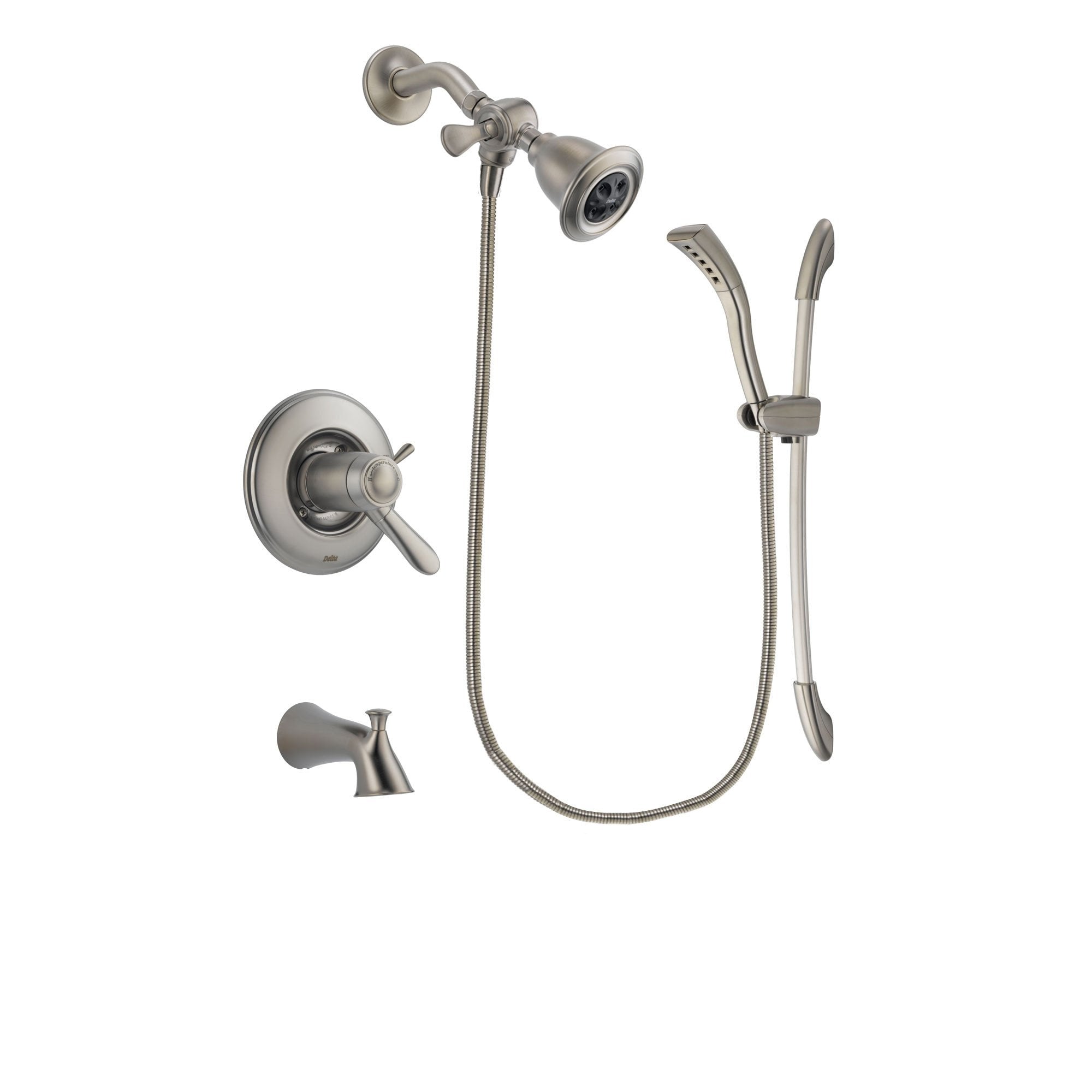 Delta Lahara Stainless Steel Finish Thermostatic Tub and Shower Faucet System Package with Water Efficient Showerhead and Handshower with Slide Bar Includes Rough-in Valve and Tub Spout DSP1411V