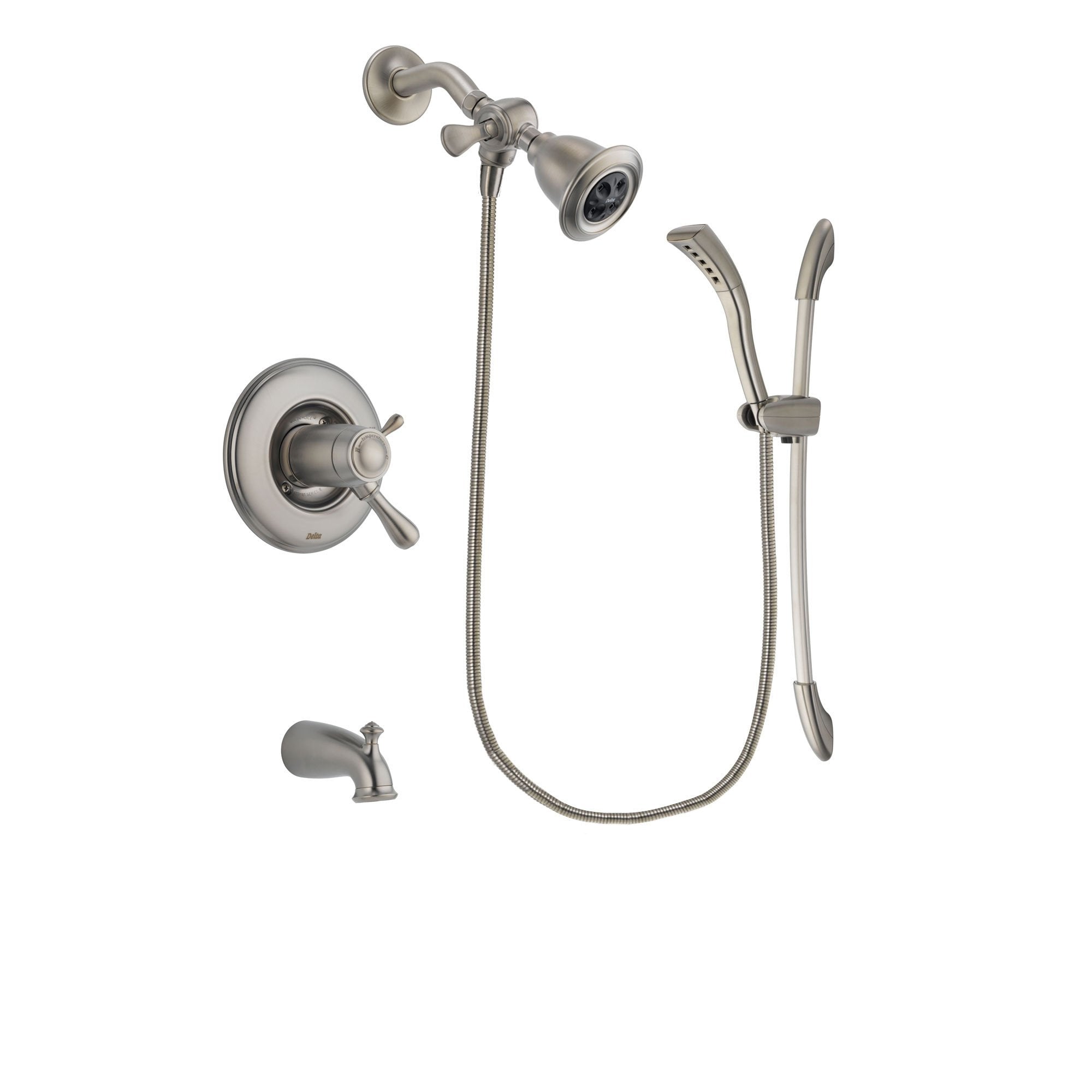 Delta Leland Stainless Steel Finish Thermostatic Tub and Shower Faucet System Package with Water Efficient Showerhead and Handshower with Slide Bar Includes Rough-in Valve and Tub Spout DSP1415V