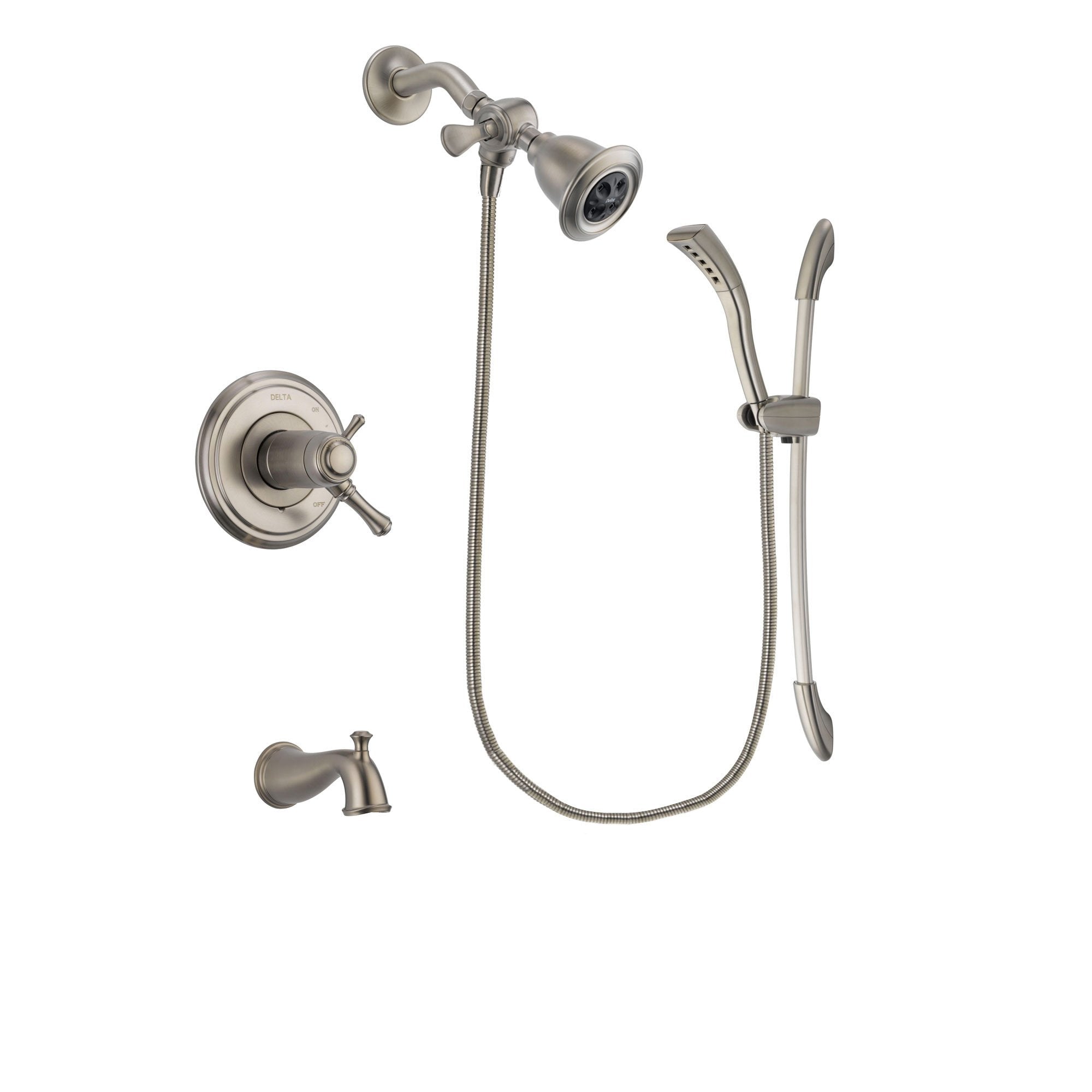 Delta Cassidy Stainless Steel Finish Thermostatic Tub and Shower Faucet System Package with Water Efficient Showerhead and Handshower with Slide Bar Includes Rough-in Valve and Tub Spout DSP1419V