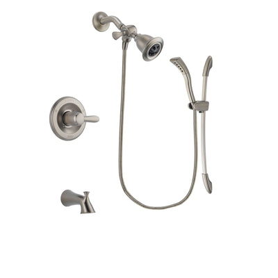 Delta Lahara Stainless Steel Finish Tub and Shower Faucet System Package with Water Efficient Showerhead and Handshower with Slide Bar Includes Rough-in Valve and Tub Spout DSP1421V
