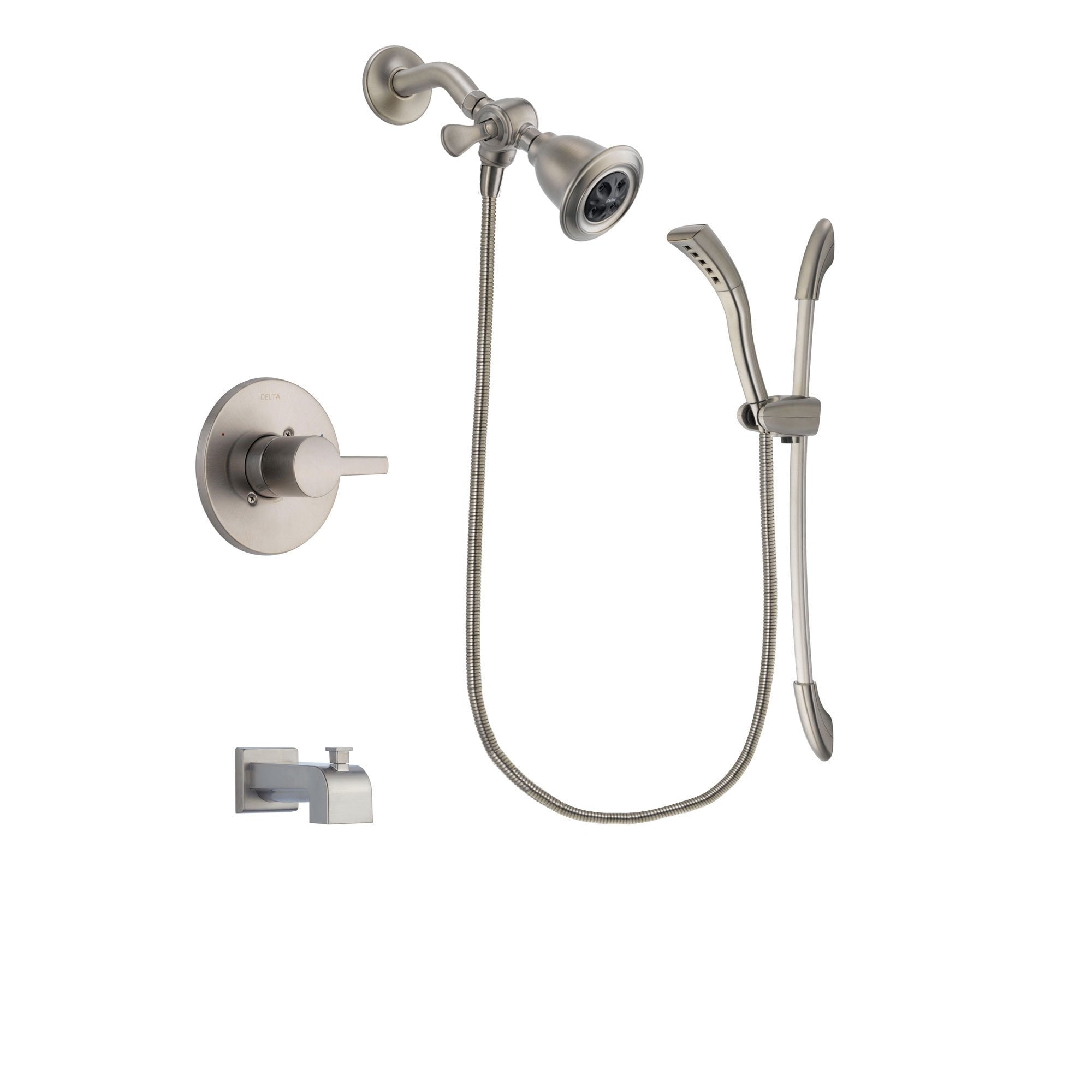Delta Compel Stainless Steel Finish Tub and Shower Faucet System Package with Water Efficient Showerhead and Handshower with Slide Bar Includes Rough-in Valve and Tub Spout DSP1425V