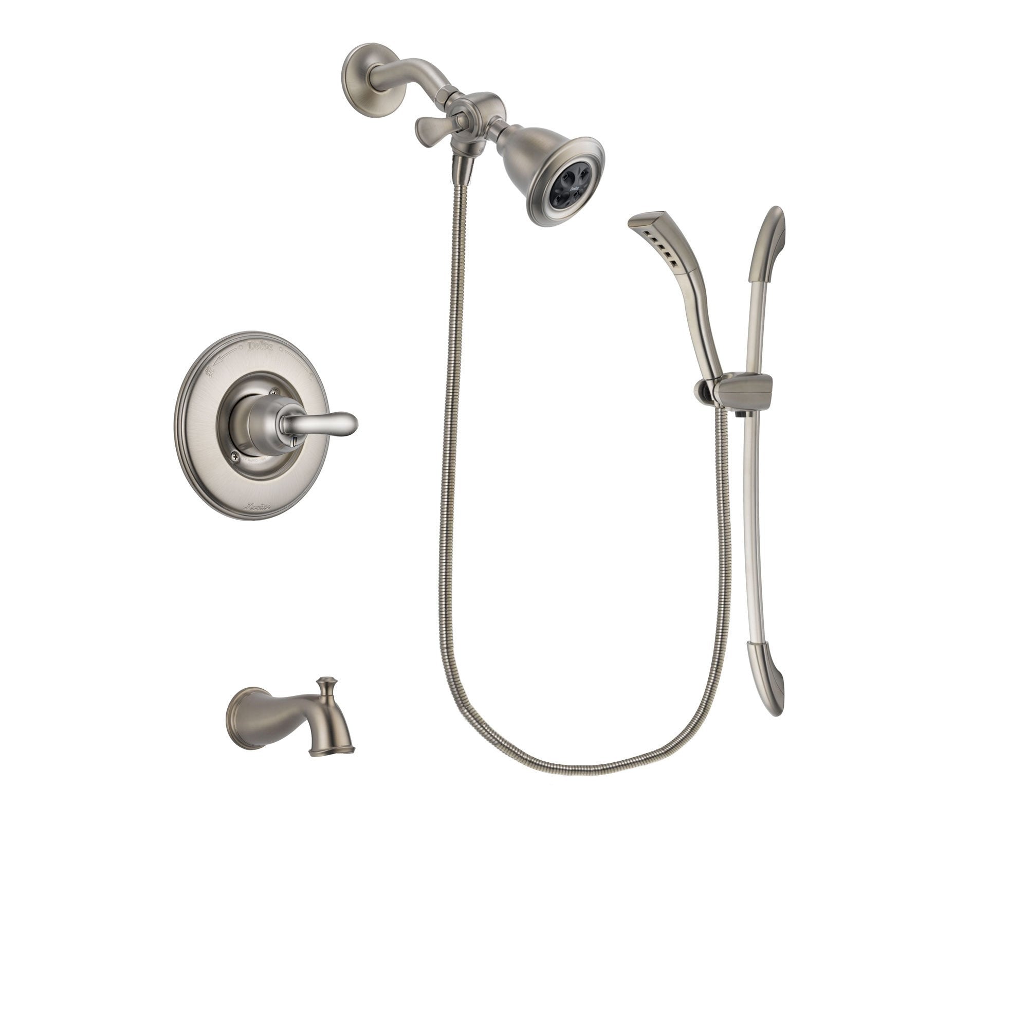 Delta Linden Stainless Steel Finish Tub and Shower Faucet System Package with Water Efficient Showerhead and Handshower with Slide Bar Includes Rough-in Valve and Tub Spout DSP1429V