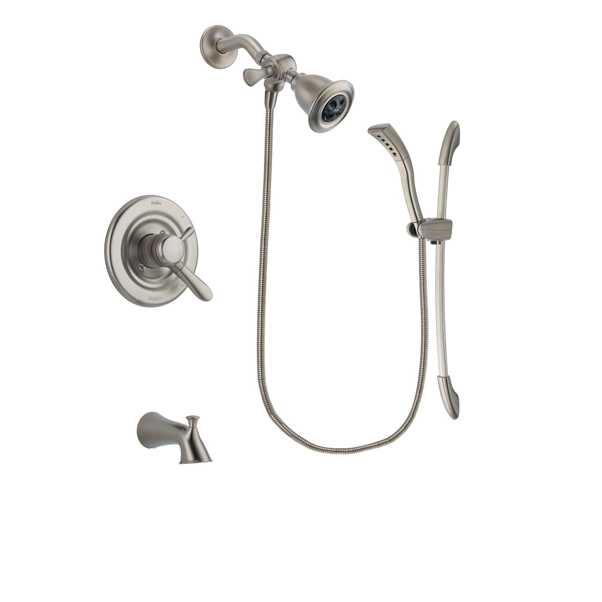 Delta Lahara Stainless Steel Finish Dual Control Tub and Shower Faucet System Package with Water Efficient Showerhead and Handshower with Slide Bar Includes Rough-in Valve and Tub Spout DSP1431V