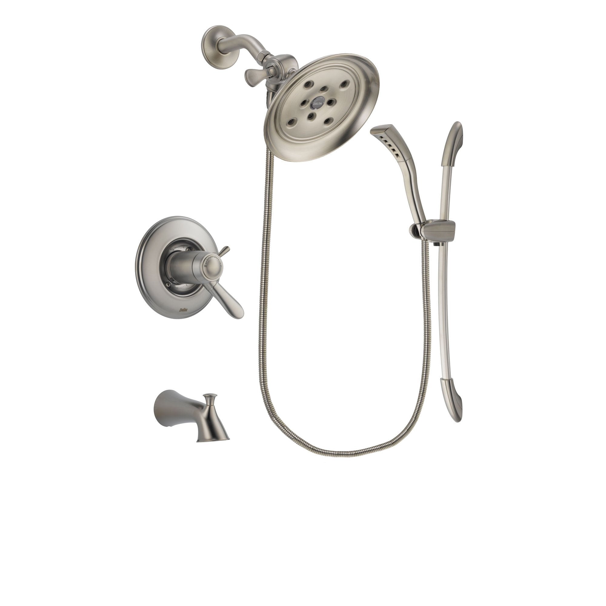 Delta Lahara Stainless Steel Finish Thermostatic Tub and Shower Faucet System Package with Large Rain Showerhead and Handshower with Slide Bar Includes Rough-in Valve and Tub Spout DSP1445V