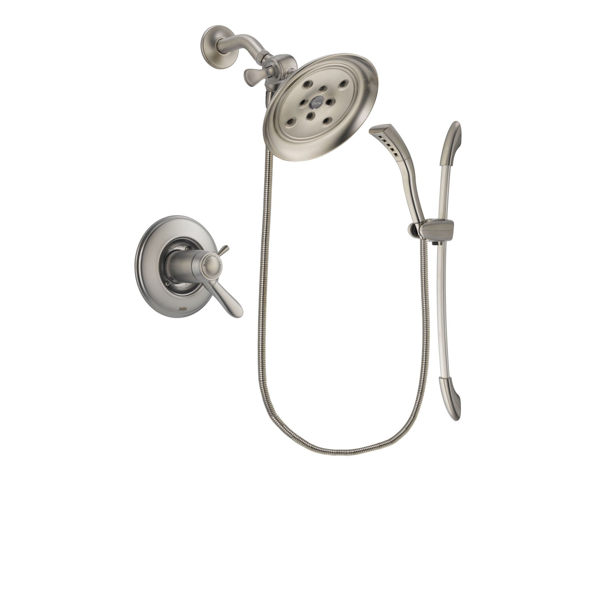 Delta Lahara Stainless Steel Finish Thermostatic Shower Faucet System Package with Large Rain Showerhead and Handshower with Slide Bar Includes Rough-in Valve DSP1446V