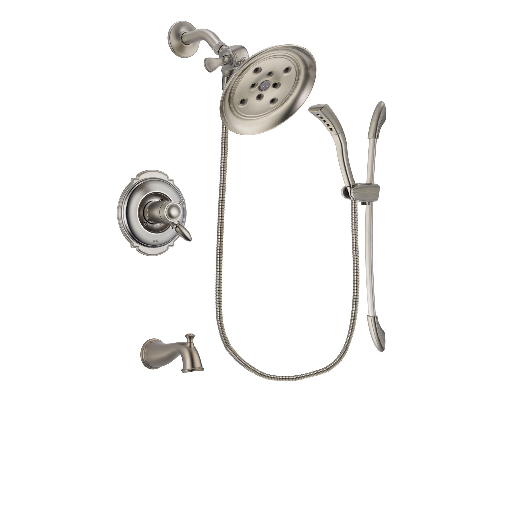 Delta Victorian Stainless Steel Finish Thermostatic Tub and Shower Faucet System Package with Large Rain Showerhead and Handshower with Slide Bar Includes Rough-in Valve and Tub Spout DSP1447V