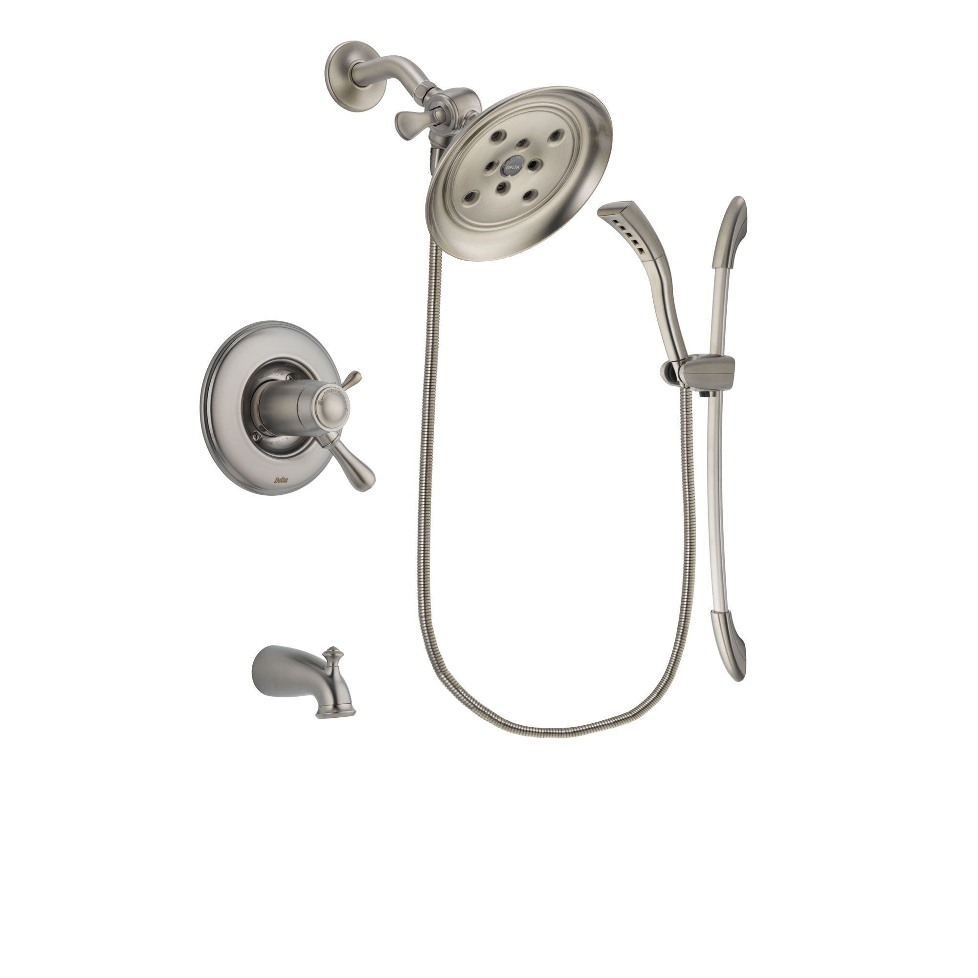 Delta Leland Stainless Steel Finish Thermostatic Tub and Shower Faucet System Package with Large Rain Showerhead and Handshower with Slide Bar Includes Rough-in Valve and Tub Spout DSP1449V