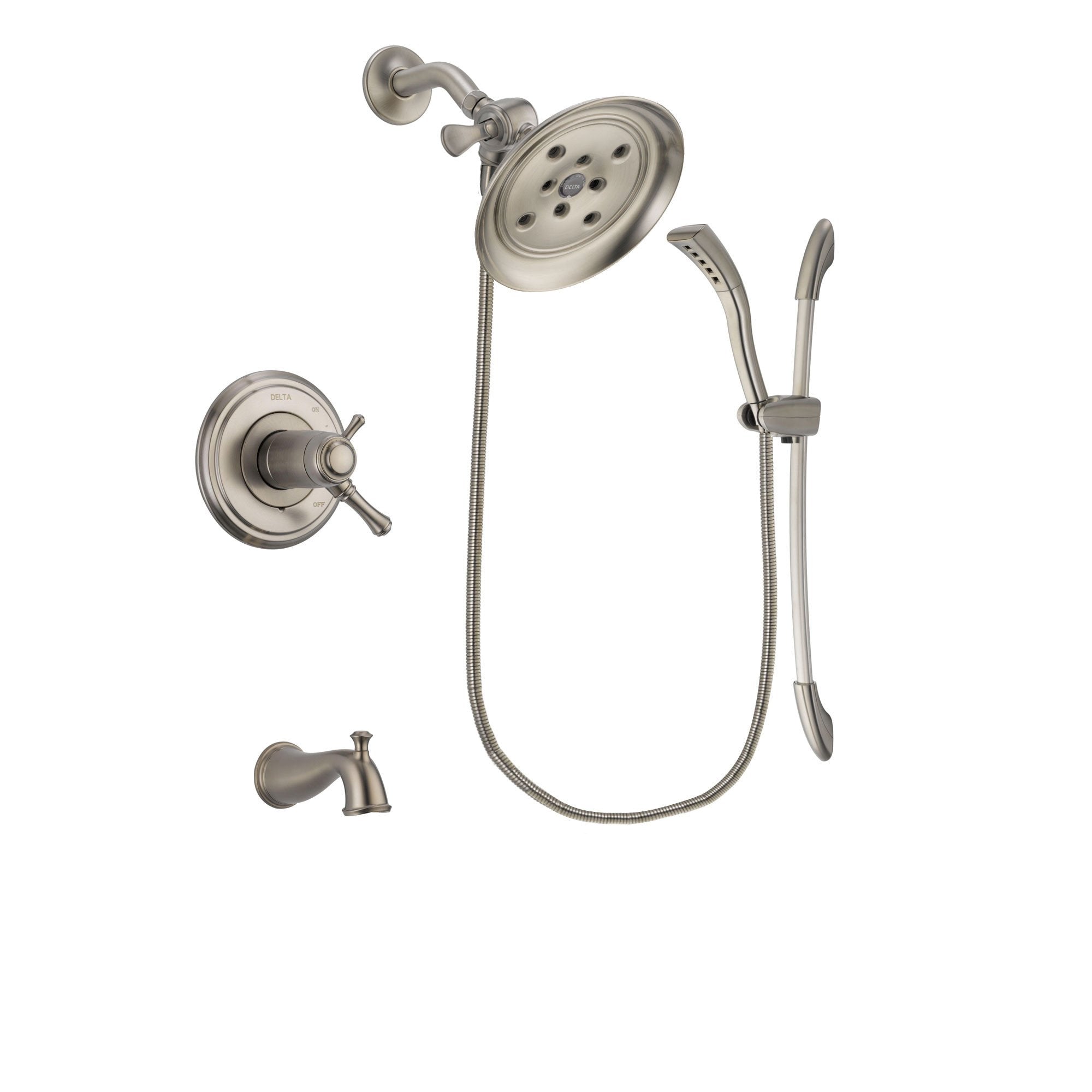 Delta Cassidy Stainless Steel Finish Thermostatic Tub and Shower Faucet System Package with Large Rain Showerhead and Handshower with Slide Bar Includes Rough-in Valve and Tub Spout DSP1453V