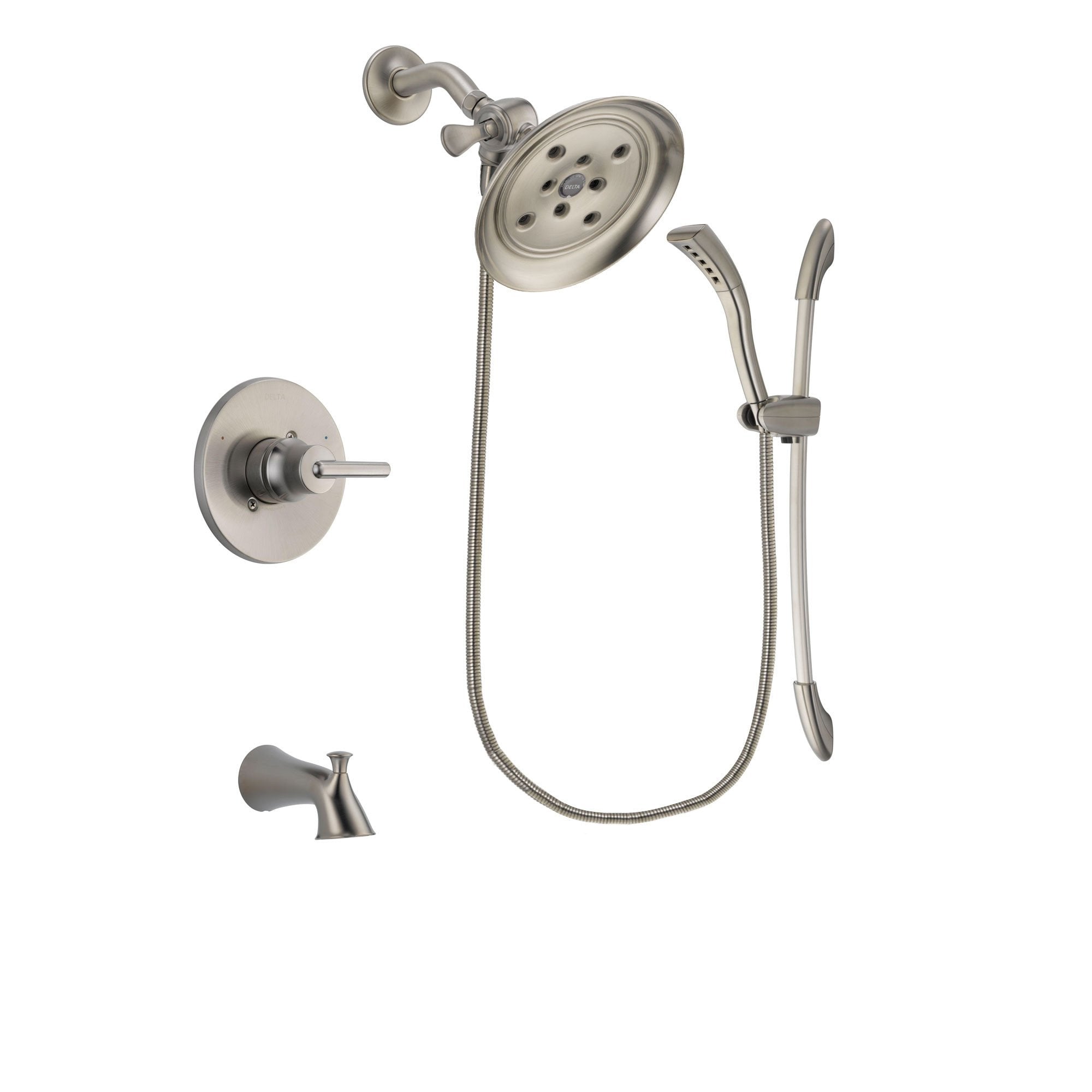 Delta Trinsic Stainless Steel Finish Tub and Shower Faucet System Package with Large Rain Showerhead and Handshower with Slide Bar Includes Rough-in Valve and Tub Spout DSP1457V
