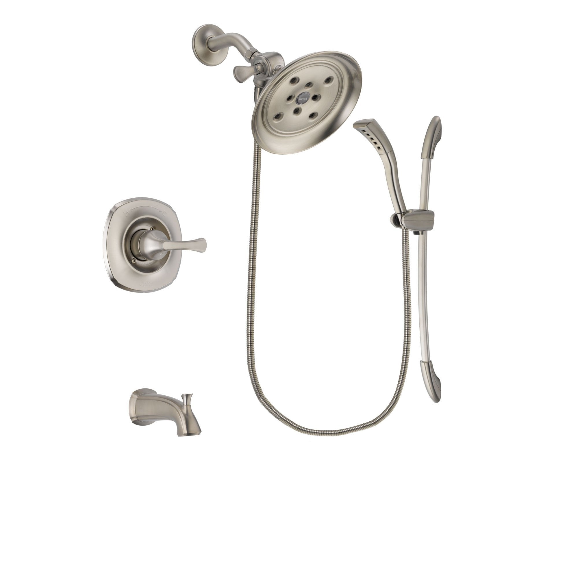 Delta Addison Stainless Steel Finish Tub and Shower Faucet System Package with Large Rain Showerhead and Handshower with Slide Bar Includes Rough-in Valve and Tub Spout DSP1461V