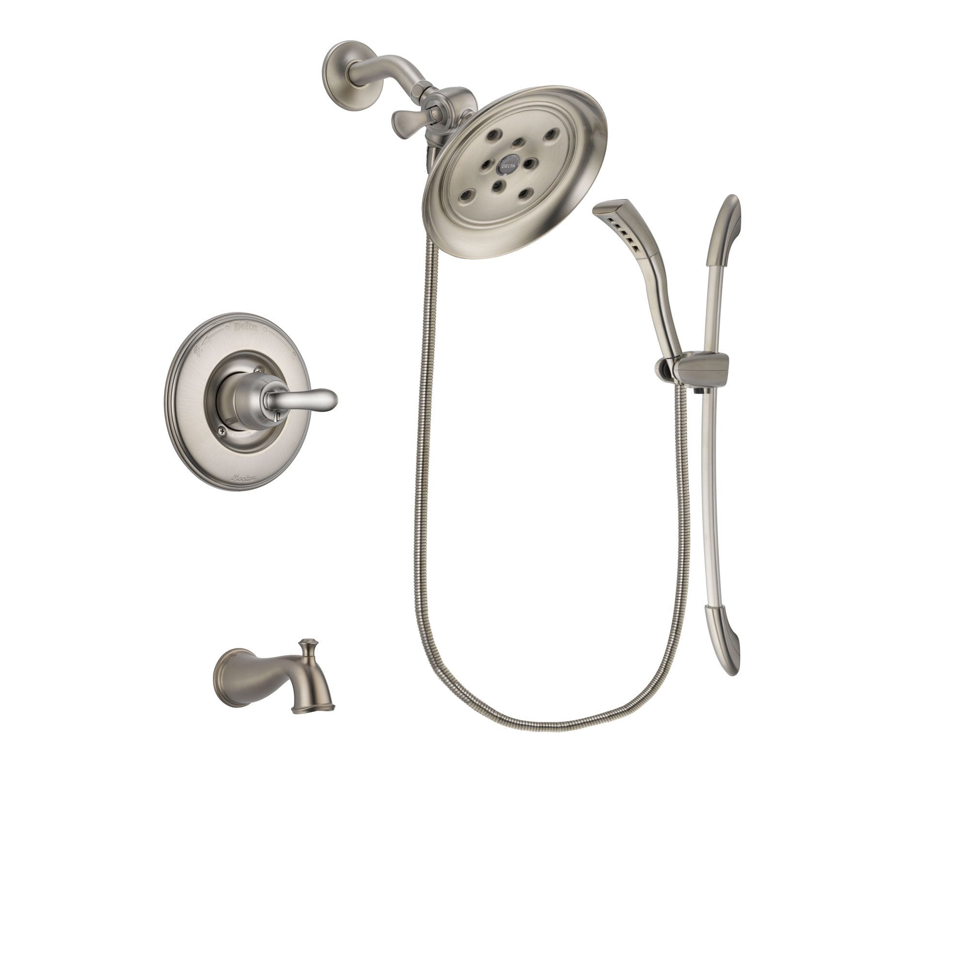 Delta Linden Stainless Steel Finish Tub and Shower Faucet System Package with Large Rain Showerhead and Handshower with Slide Bar Includes Rough-in Valve and Tub Spout DSP1463V