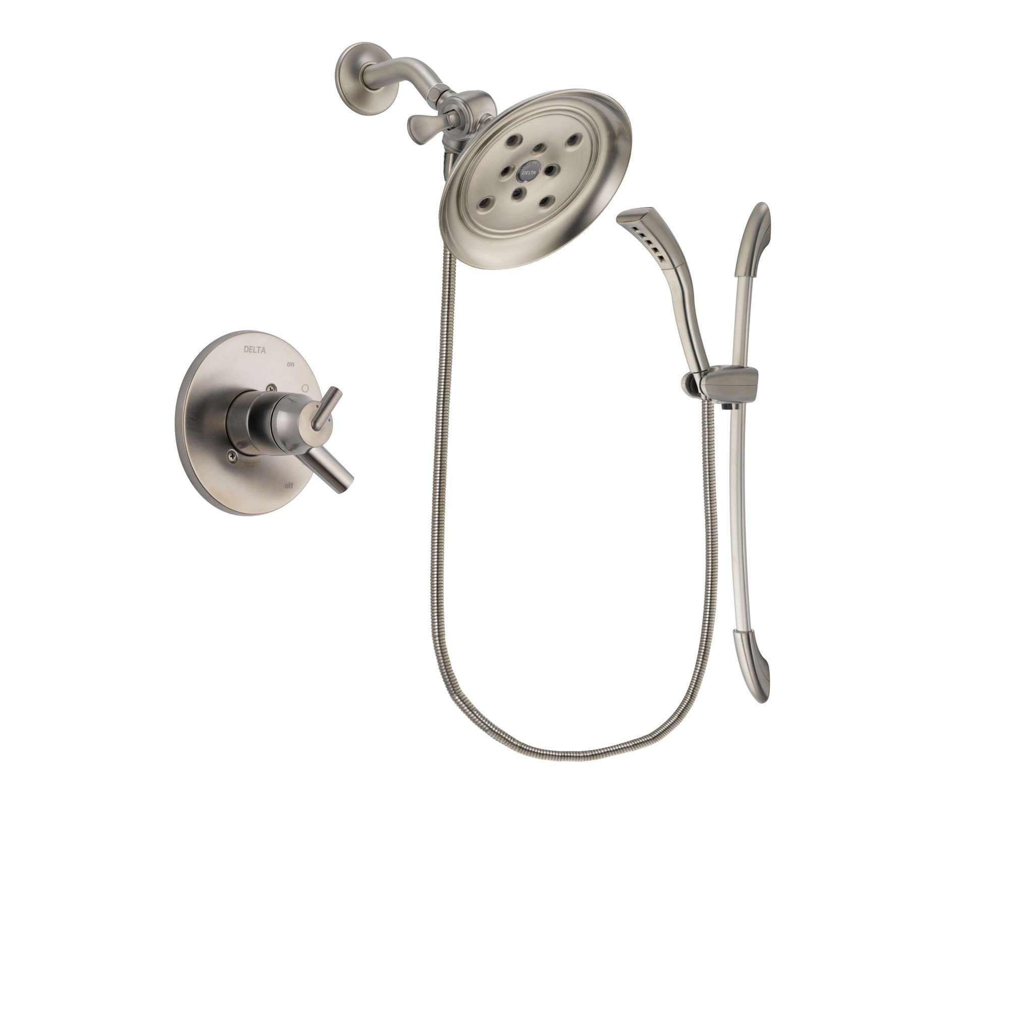 Delta Trinsic Stainless Steel Finish Dual Control Shower Faucet System Package with Large Rain Showerhead and Handshower with Slide Bar Includes Rough-in Valve DSP1468V