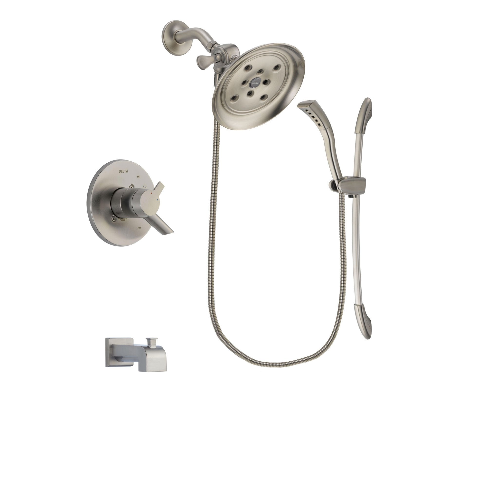 Delta Compel Stainless Steel Finish Dual Control Tub and Shower Faucet System Package with Large Rain Showerhead and Handshower with Slide Bar Includes Rough-in Valve and Tub Spout DSP1469V