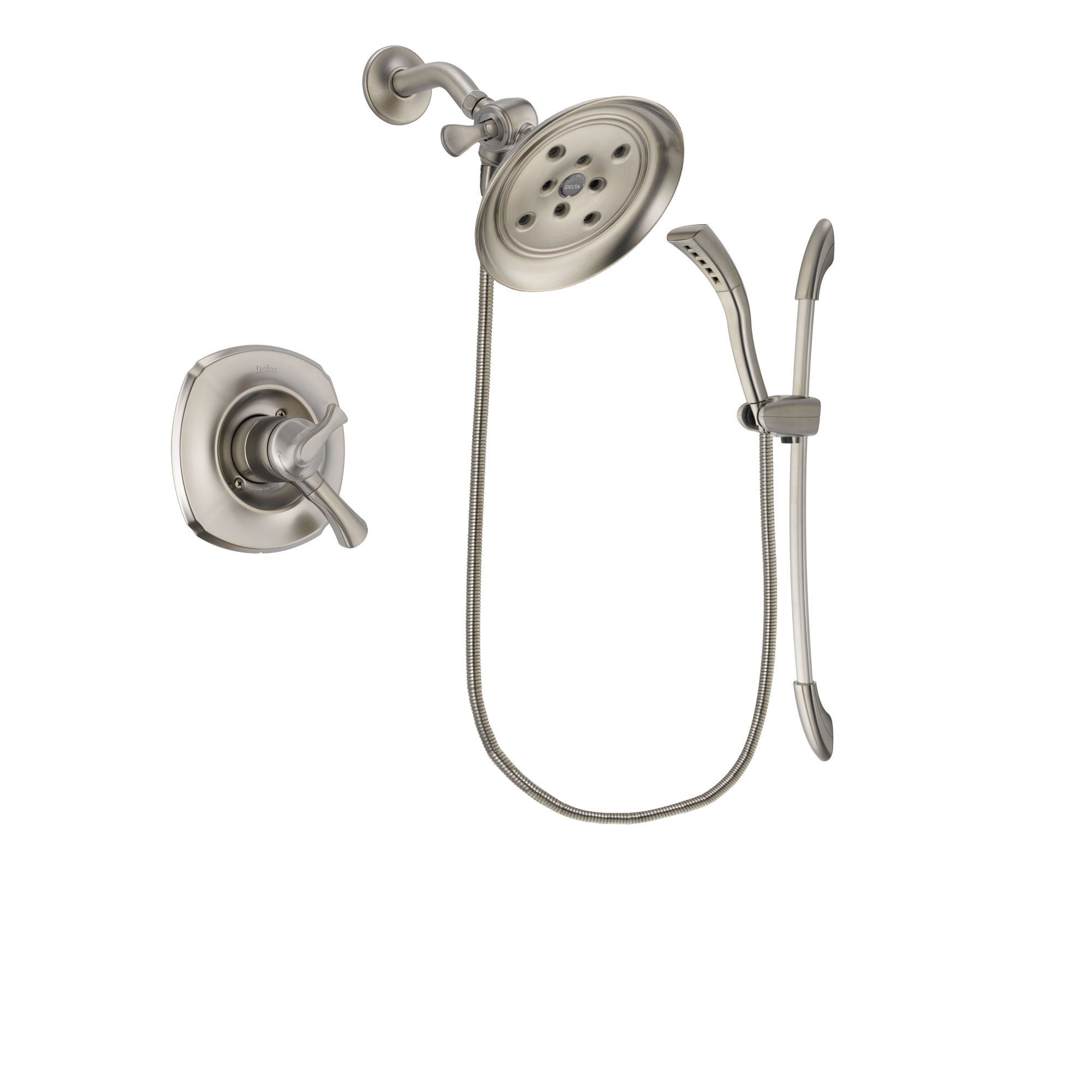 Delta Addison Stainless Steel Finish Dual Control Shower Faucet System Package with Large Rain Showerhead and Handshower with Slide Bar Includes Rough-in Valve DSP1474V