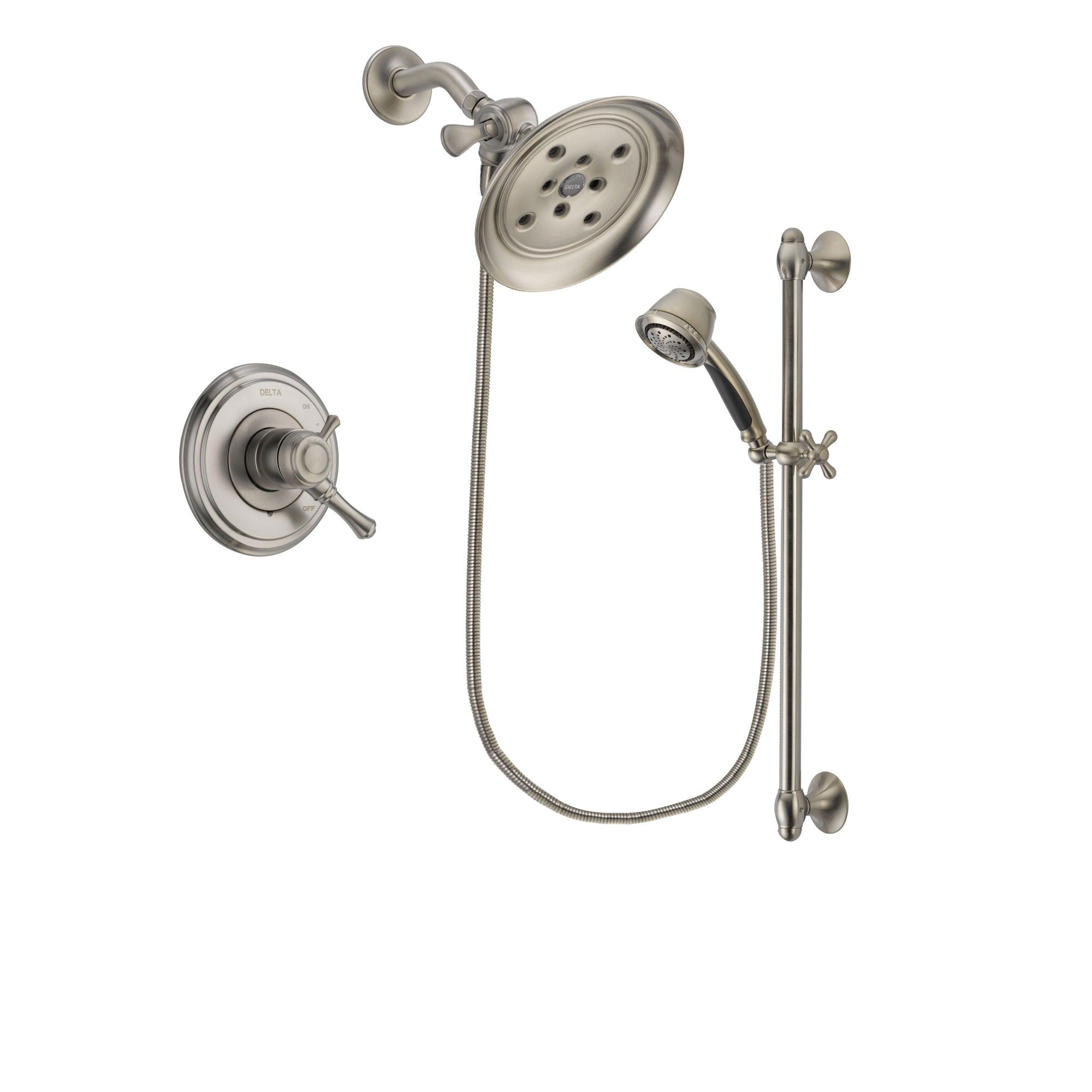 Delta Cassidy Stainless Steel Finish Dual Control Shower Faucet System Package with Large Rain Showerhead and Handshower with Slide Bar Includes Rough-in Valve DSP1478V