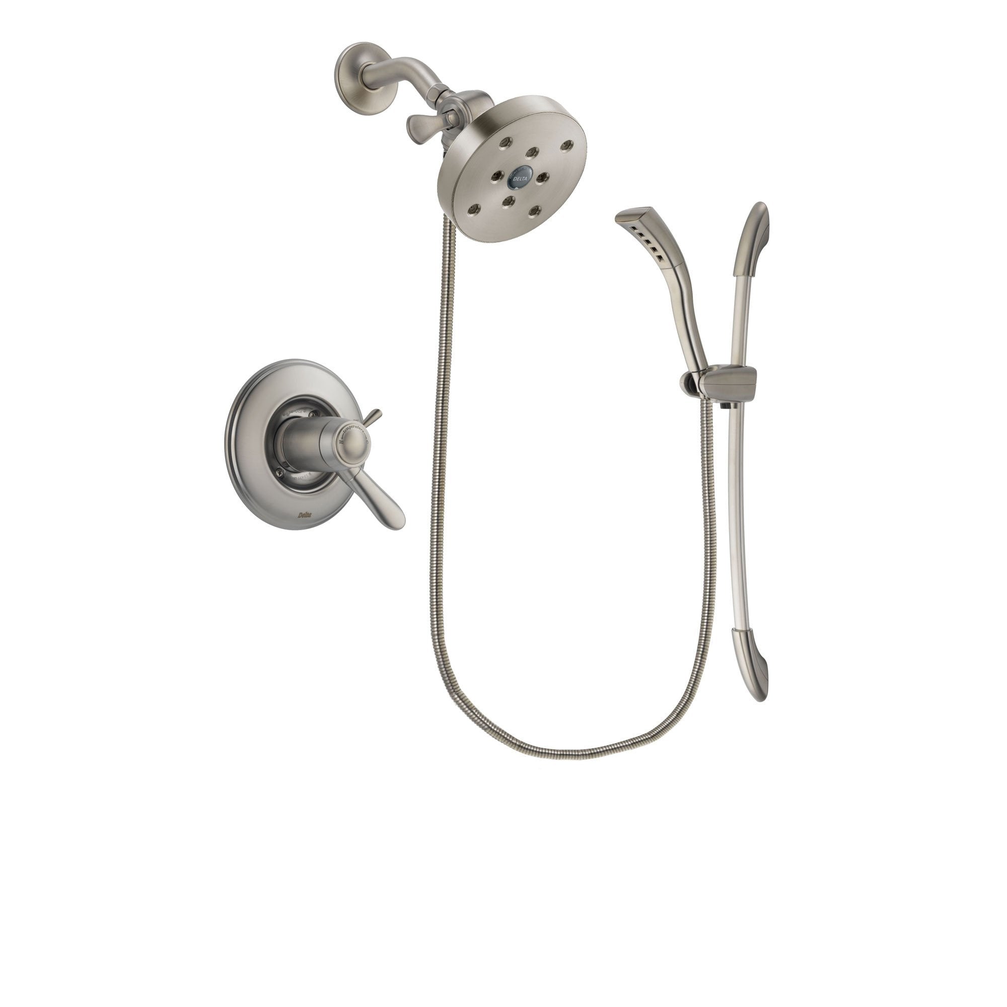 Delta Lahara Stainless Steel Finish Thermostatic Shower Faucet System Package with 5-1/2 inch Shower Head and Handshower with Slide Bar Includes Rough-in Valve DSP1480V