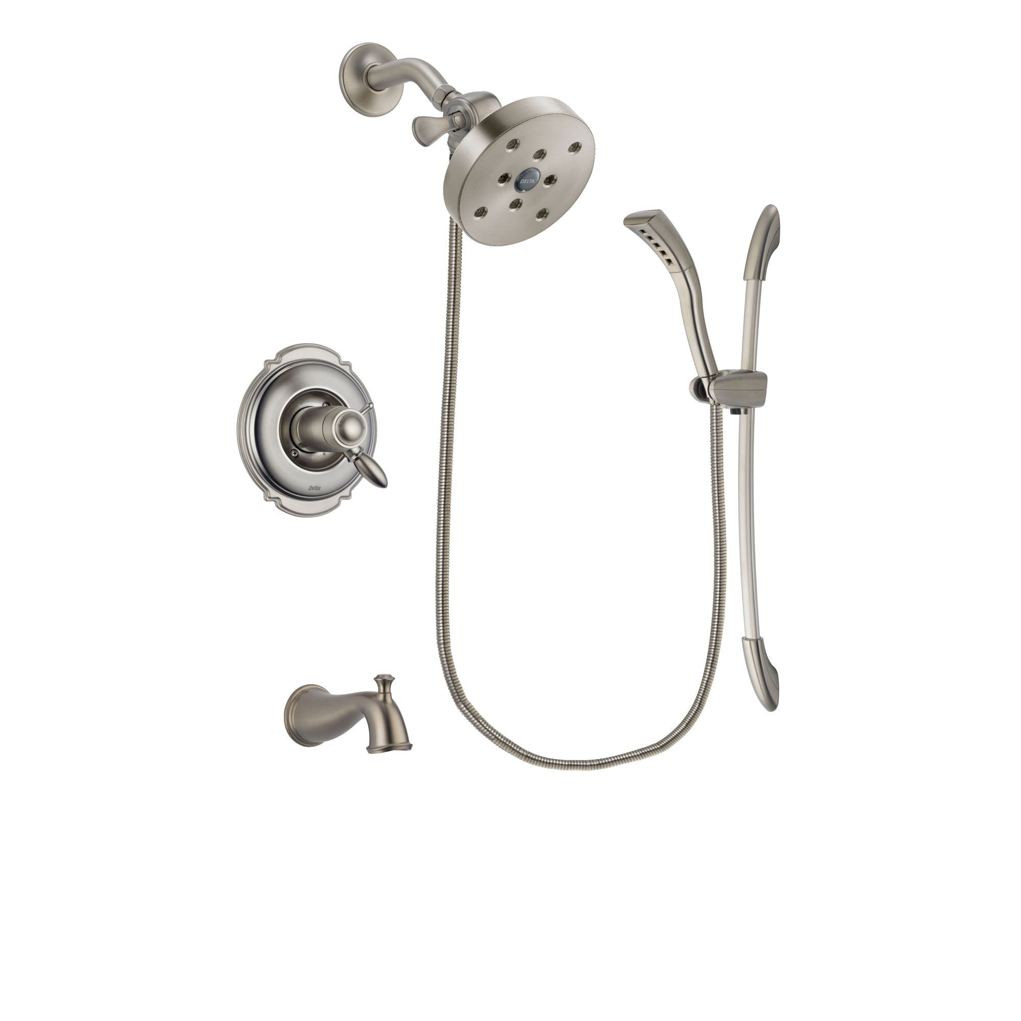 Delta Victorian Stainless Steel Finish Thermostatic Tub and Shower Faucet System Package with 5-1/2 inch Shower Head and Handshower with Slide Bar Includes Rough-in Valve and Tub Spout DSP1481V