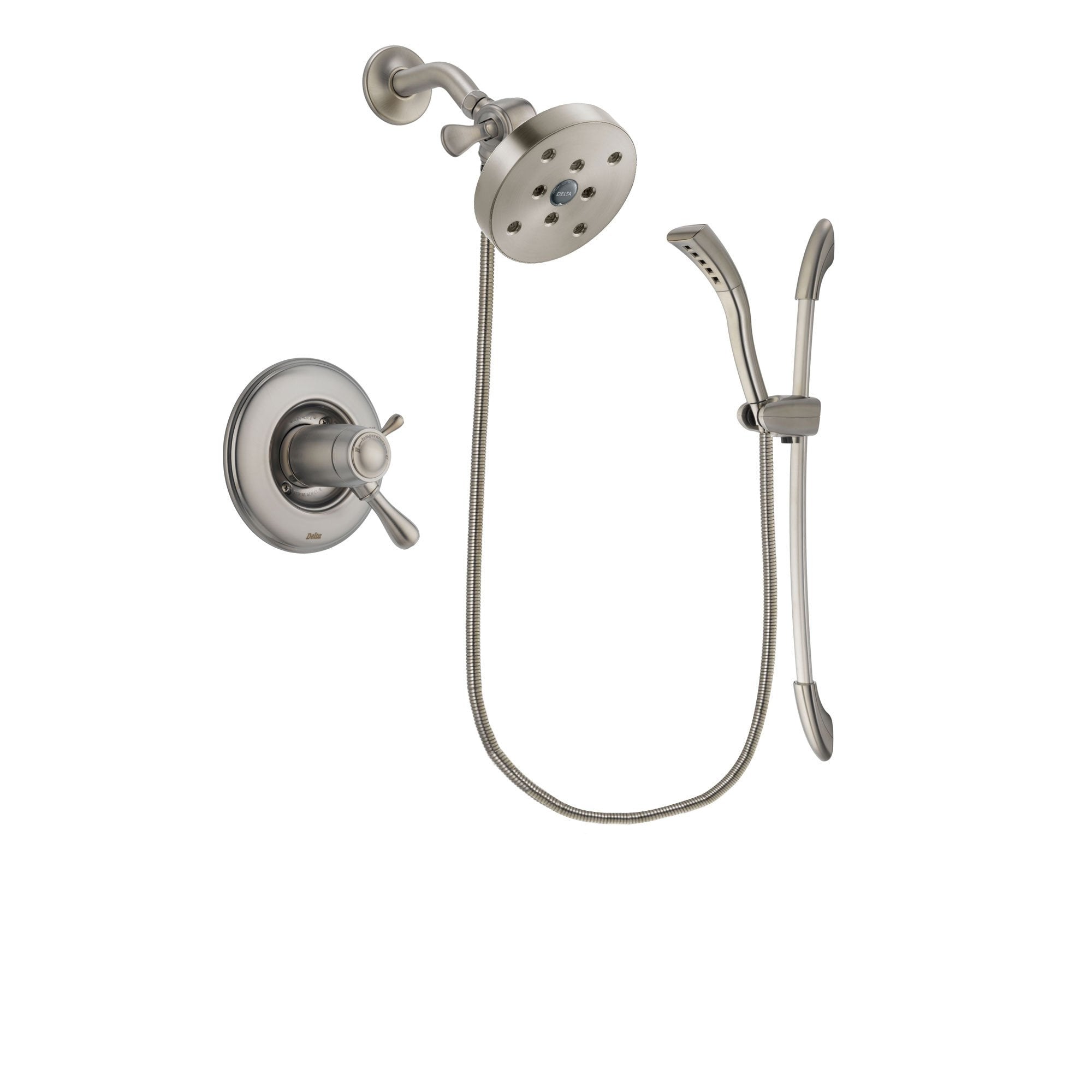 Delta Leland Stainless Steel Finish Thermostatic Shower Faucet System Package with 5-1/2 inch Shower Head and Handshower with Slide Bar Includes Rough-in Valve DSP1484V