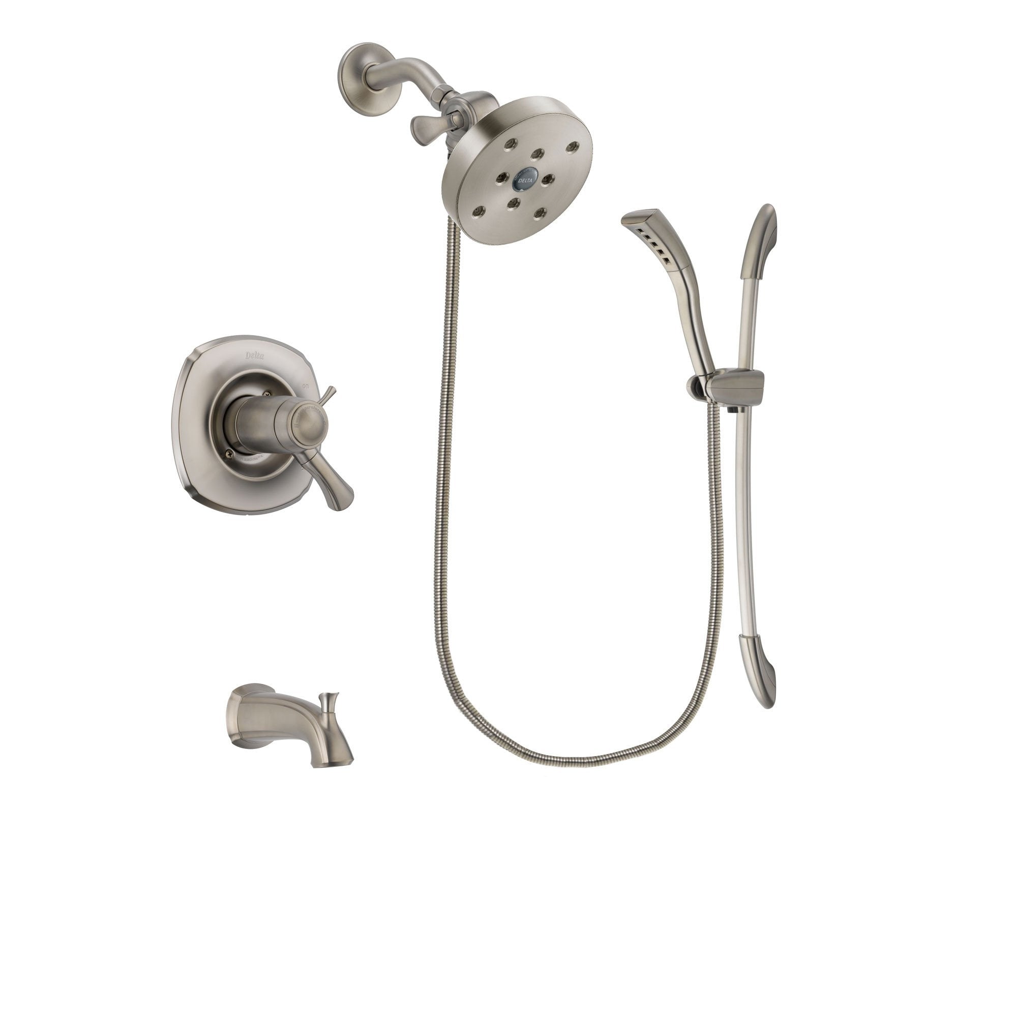 Delta Addison Stainless Steel Finish Thermostatic Tub and Shower Faucet System Package with 5-1/2 inch Shower Head and Handshower with Slide Bar Includes Rough-in Valve and Tub Spout DSP1485V
