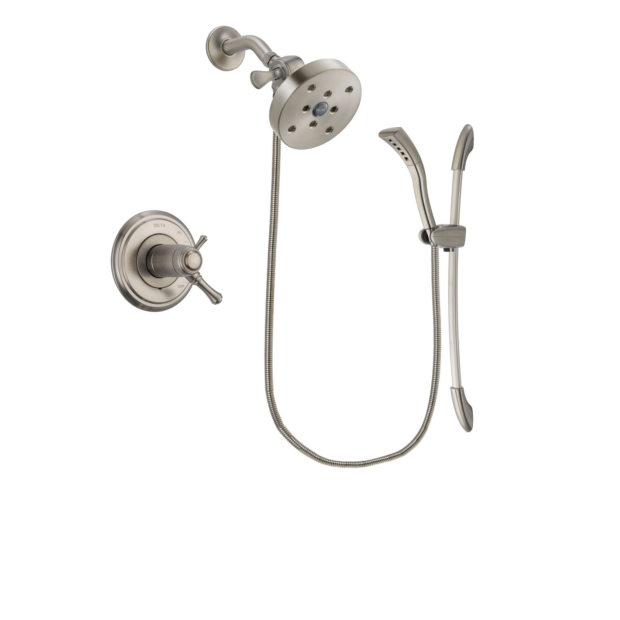 Delta Cassidy Stainless Steel Finish Thermostatic Shower Faucet System Package with 5-1/2 inch Shower Head and Handshower with Slide Bar Includes Rough-in Valve DSP1488V