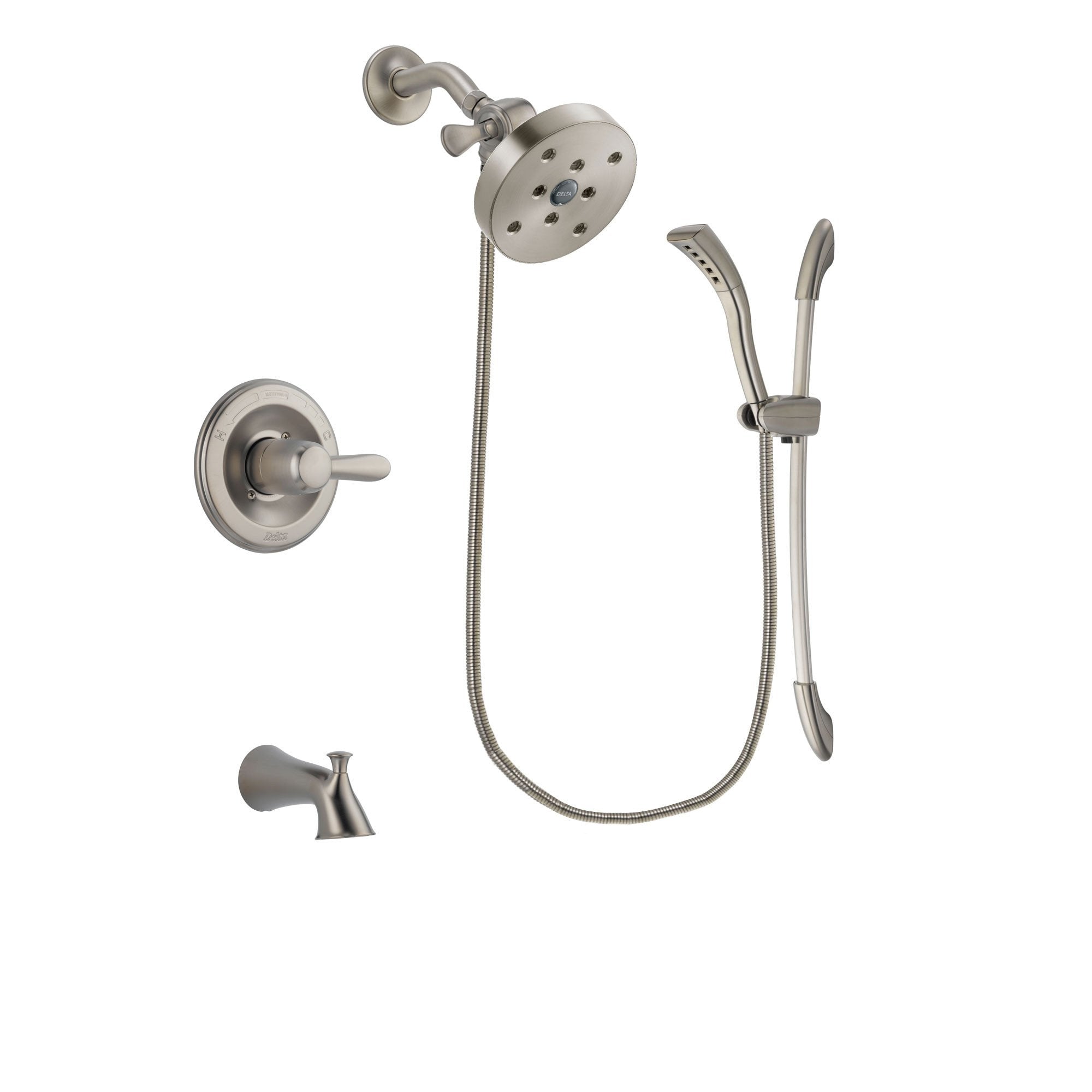 Delta Lahara Stainless Steel Finish Tub and Shower Faucet System Package with 5-1/2 inch Shower Head and Handshower with Slide Bar Includes Rough-in Valve and Tub Spout DSP1489V