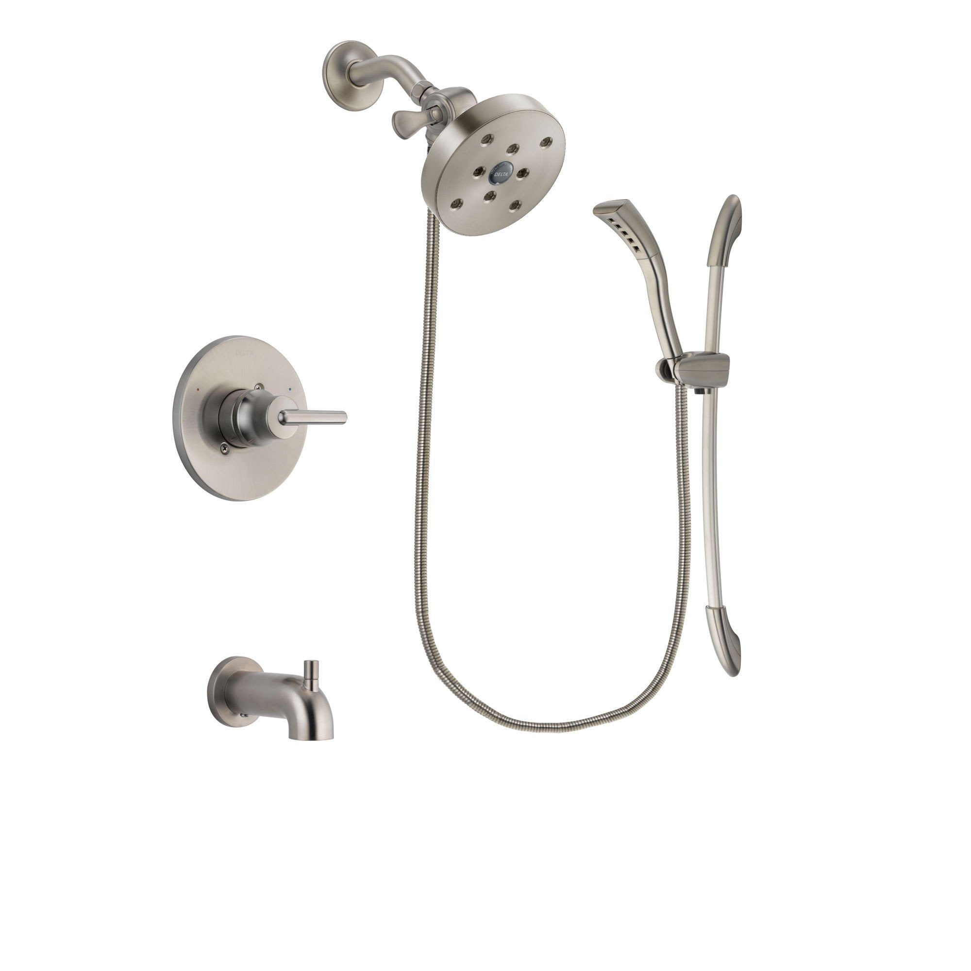 Delta Trinsic Stainless Steel Finish Tub and Shower Faucet System Package with 5-1/2 inch Shower Head and Handshower with Slide Bar Includes Rough-in Valve and Tub Spout DSP1491V