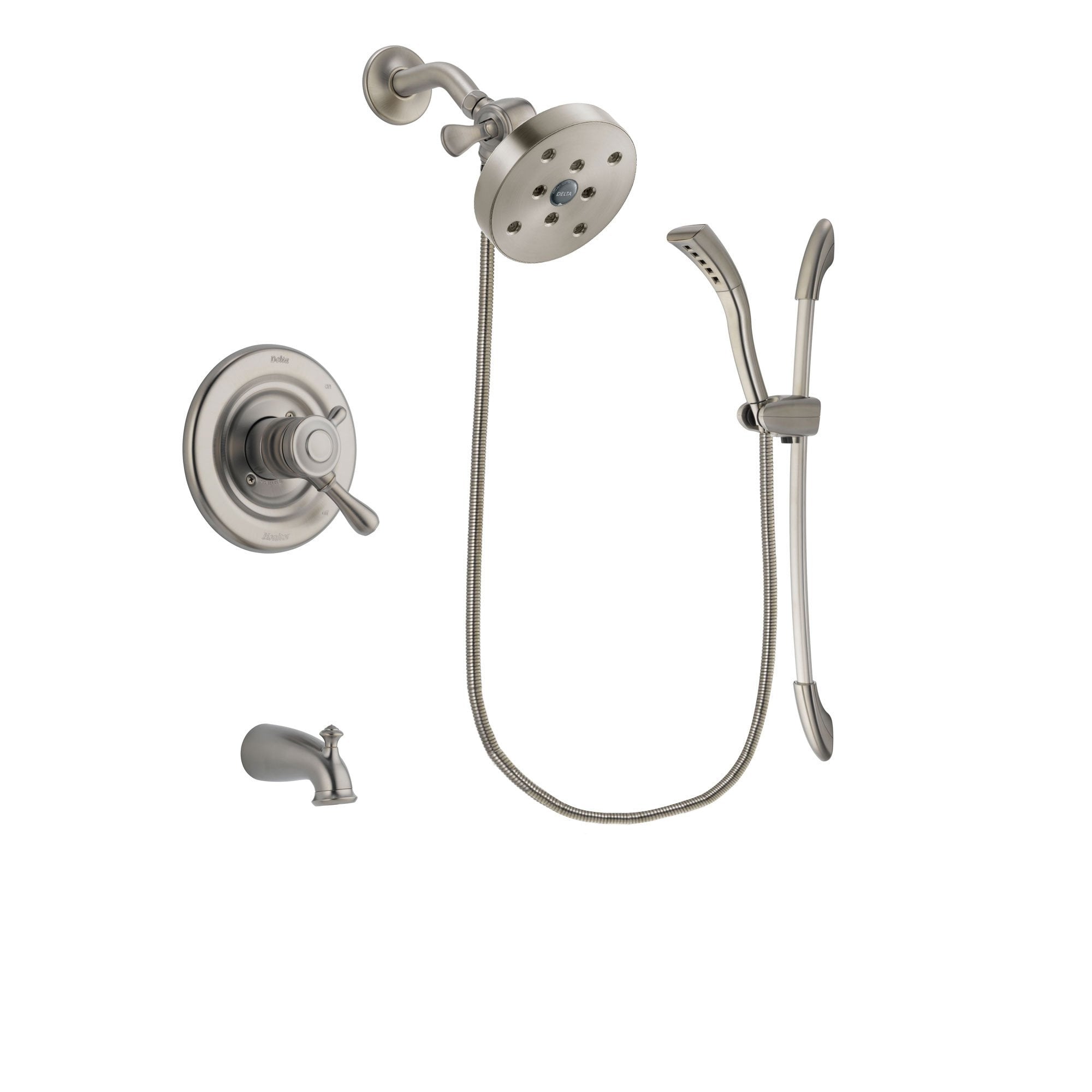 Delta Leland Stainless Steel Finish Dual Control Tub and Shower Faucet System Package with 5-1/2 inch Shower Head and Handshower with Slide Bar Includes Rough-in Valve and Tub Spout DSP1505V